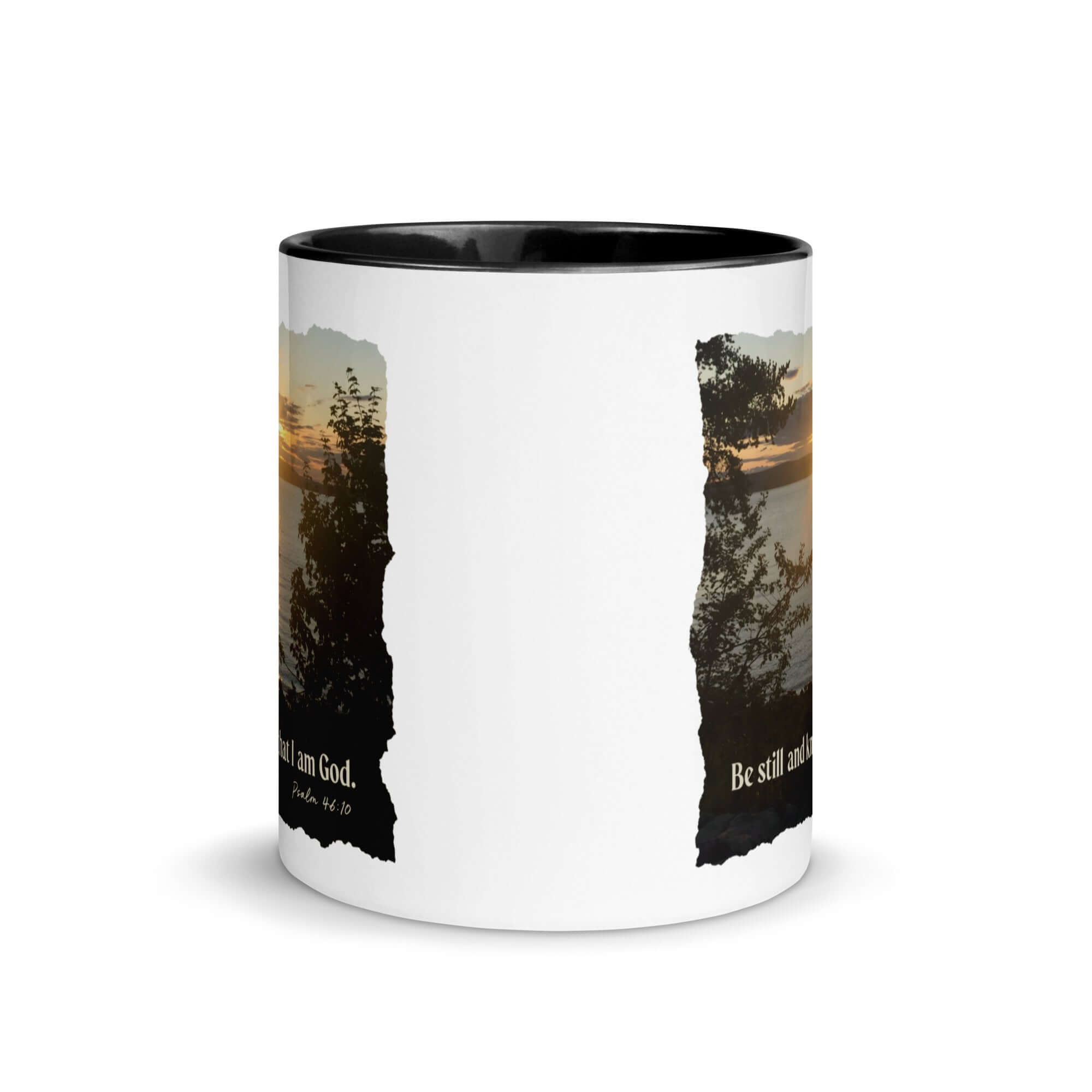 Psalm 46:10 Bible Verse, Sunset Glory White Ceramic Mug with Color Inside