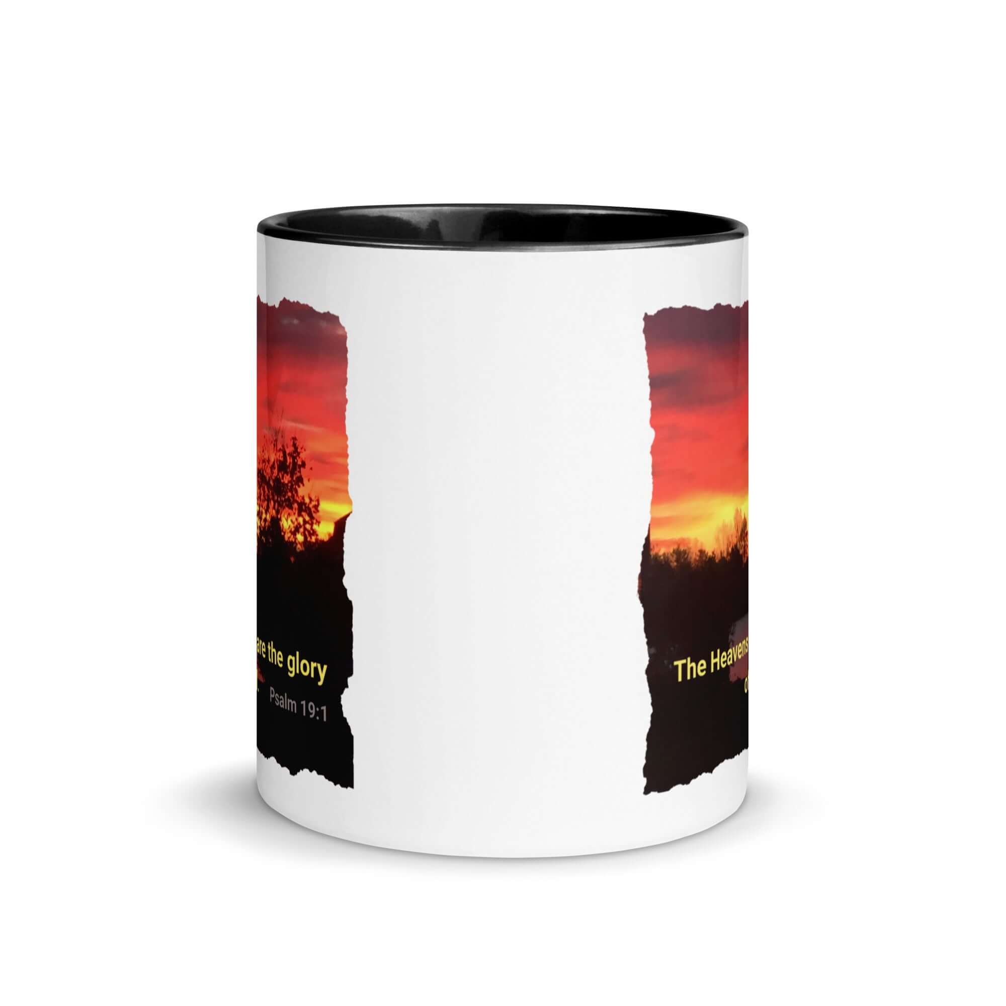 Psalm 19:1 Bible Verse, Sunset Glory White Ceramic Mug with Color Inside