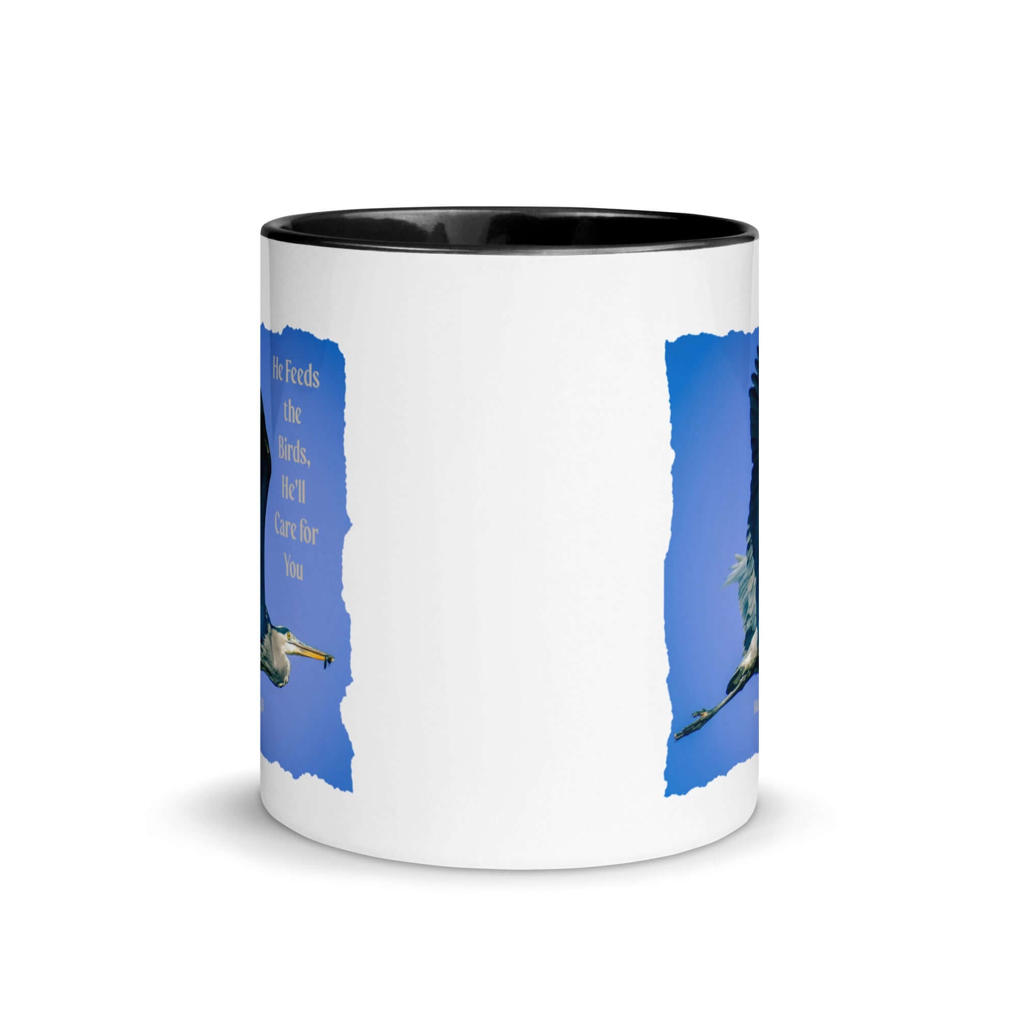 Matthew 6:26 Graceful Heron, He'll Care for You White Ceramic Mug with Color Inside