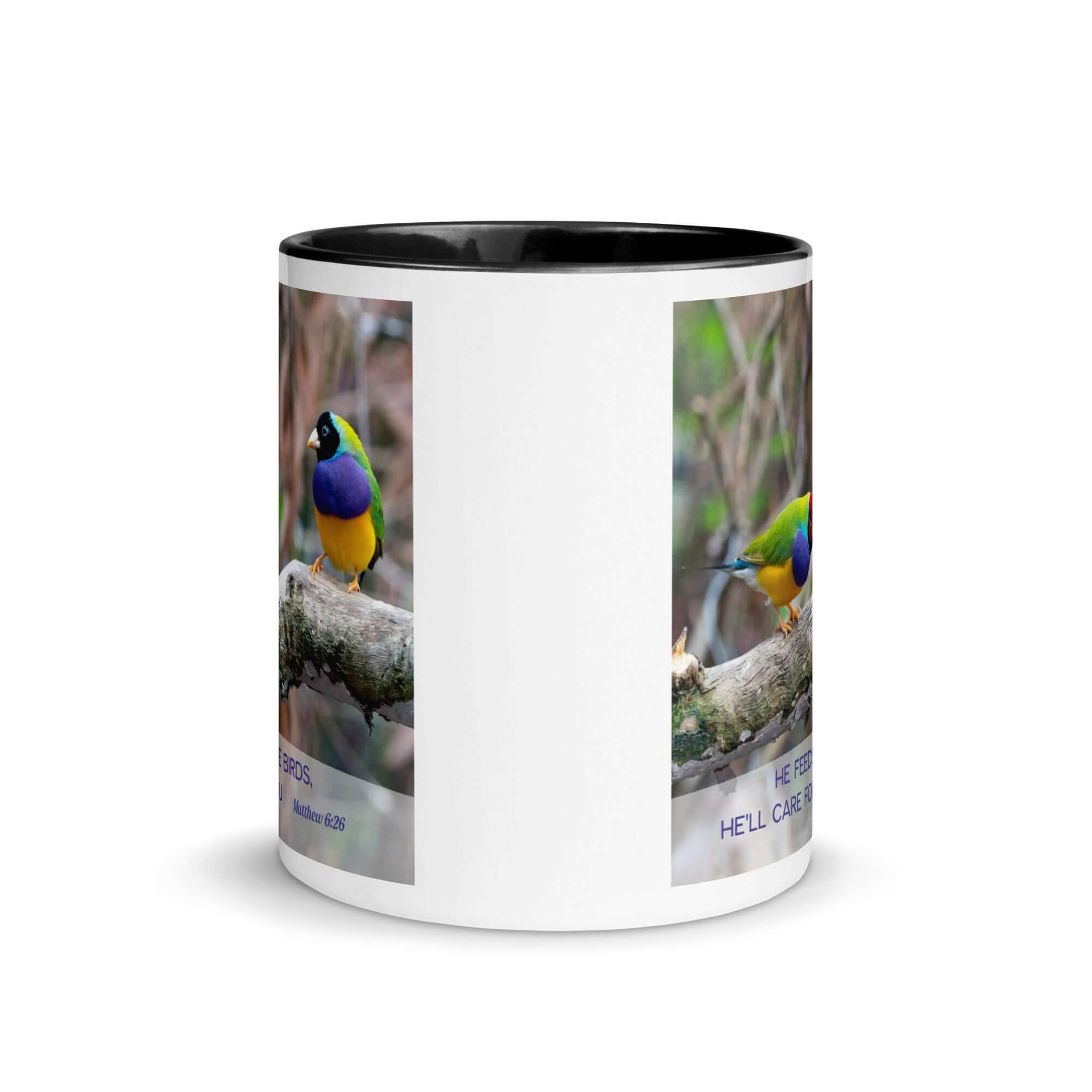 Matthew 6:26 Gouldian Finches, He'll Care for You White Ceramic Mug with Color Inside