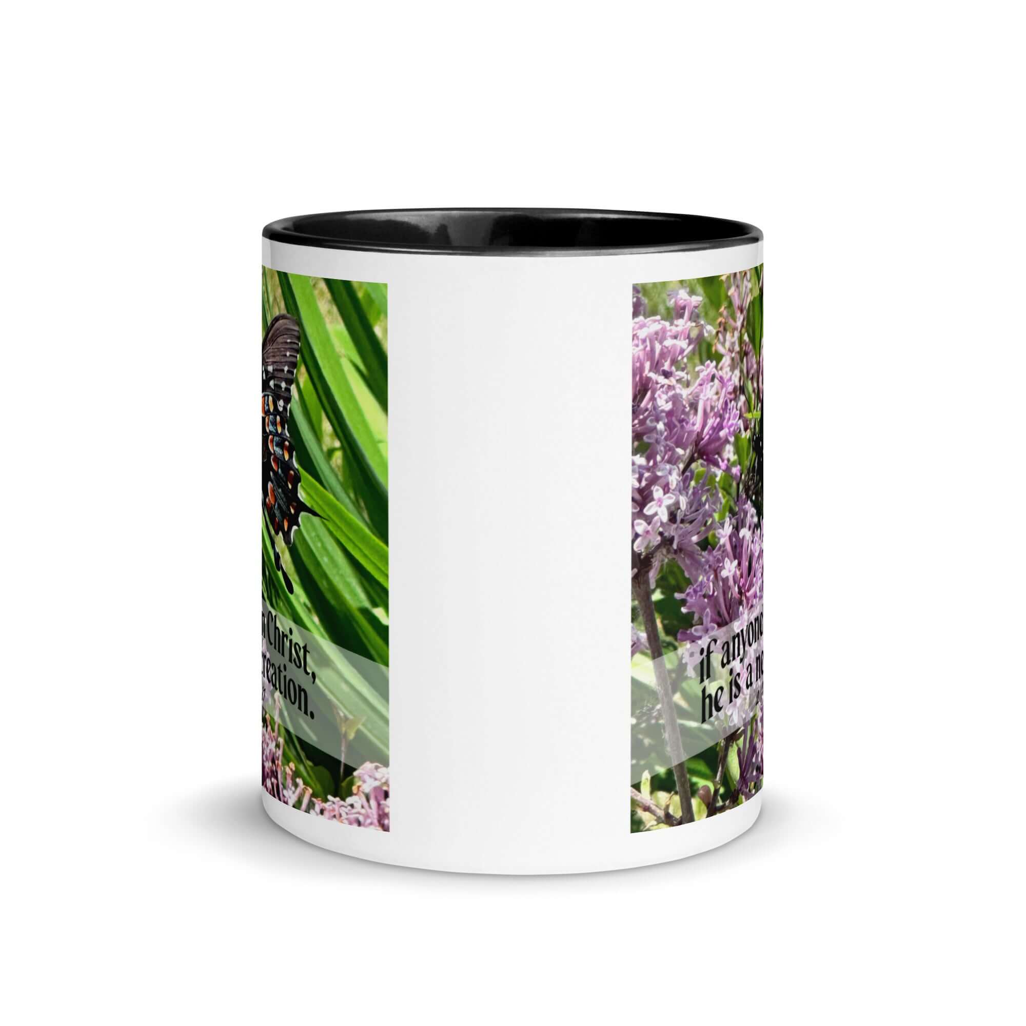 2 Corinthians 5:17 Bible Verse, Butterfly White Ceramic Mug with Color Inside