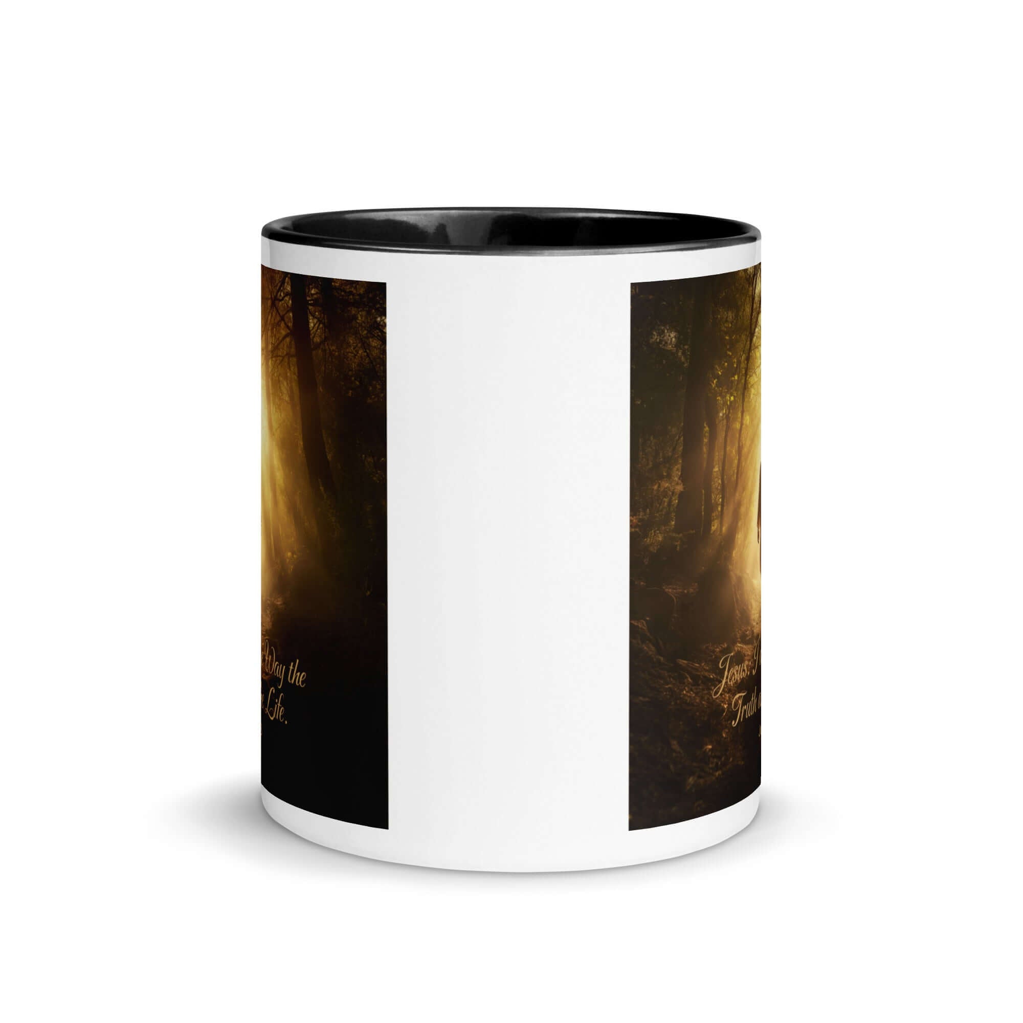 John 14:6 Bible Verse, Forest Image White Ceramic Mug with Color Inside