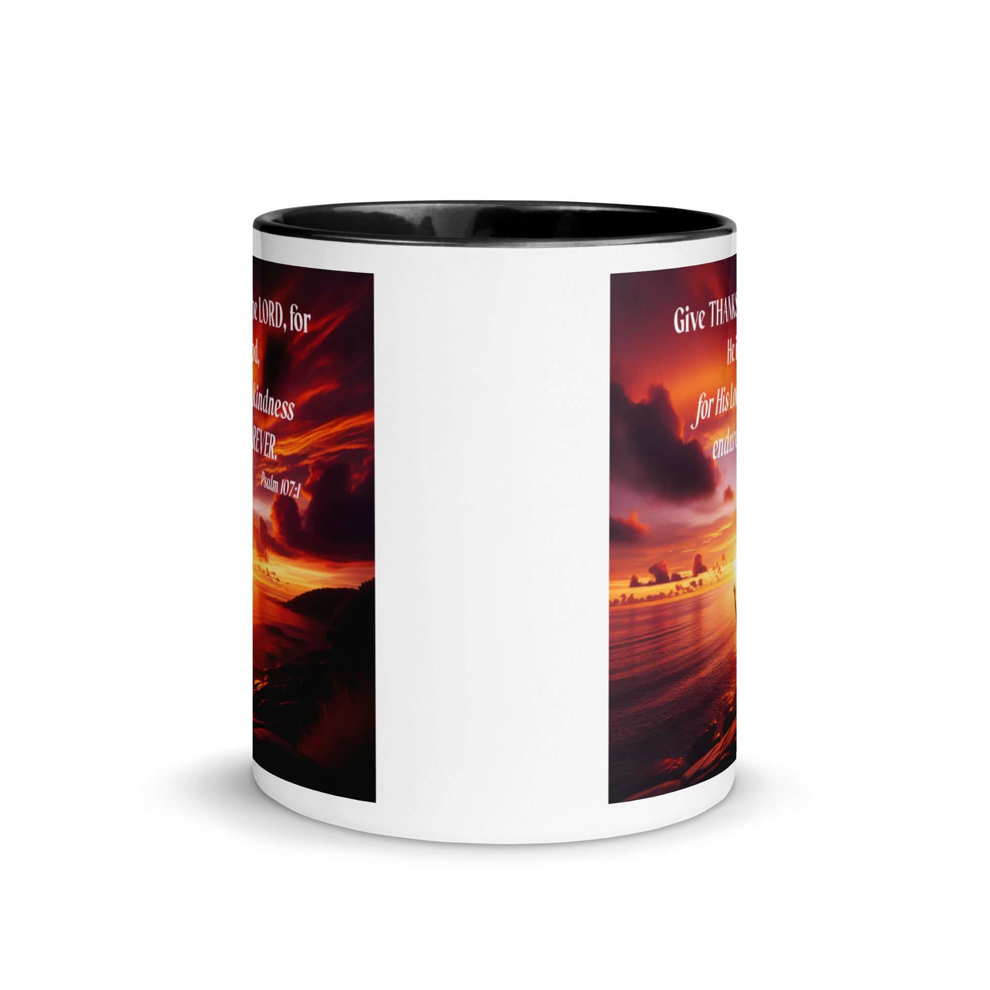 Psalm 107:1 Bible Verse, Give Thanks to the Lord White Ceramic Mug with Color Inside