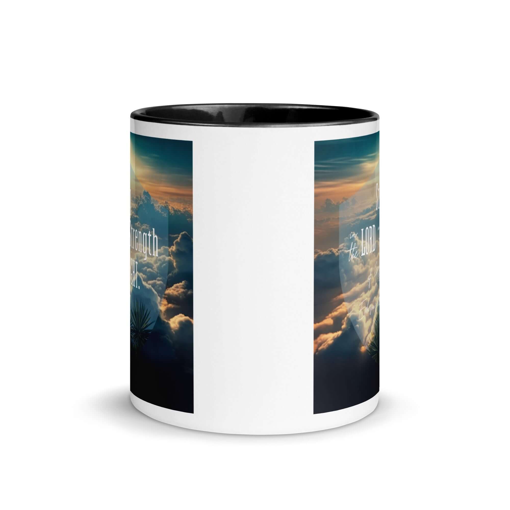 Ephesians 6:10 Bible Verse, be strong in the Lord White Ceramic Mug with Color Inside