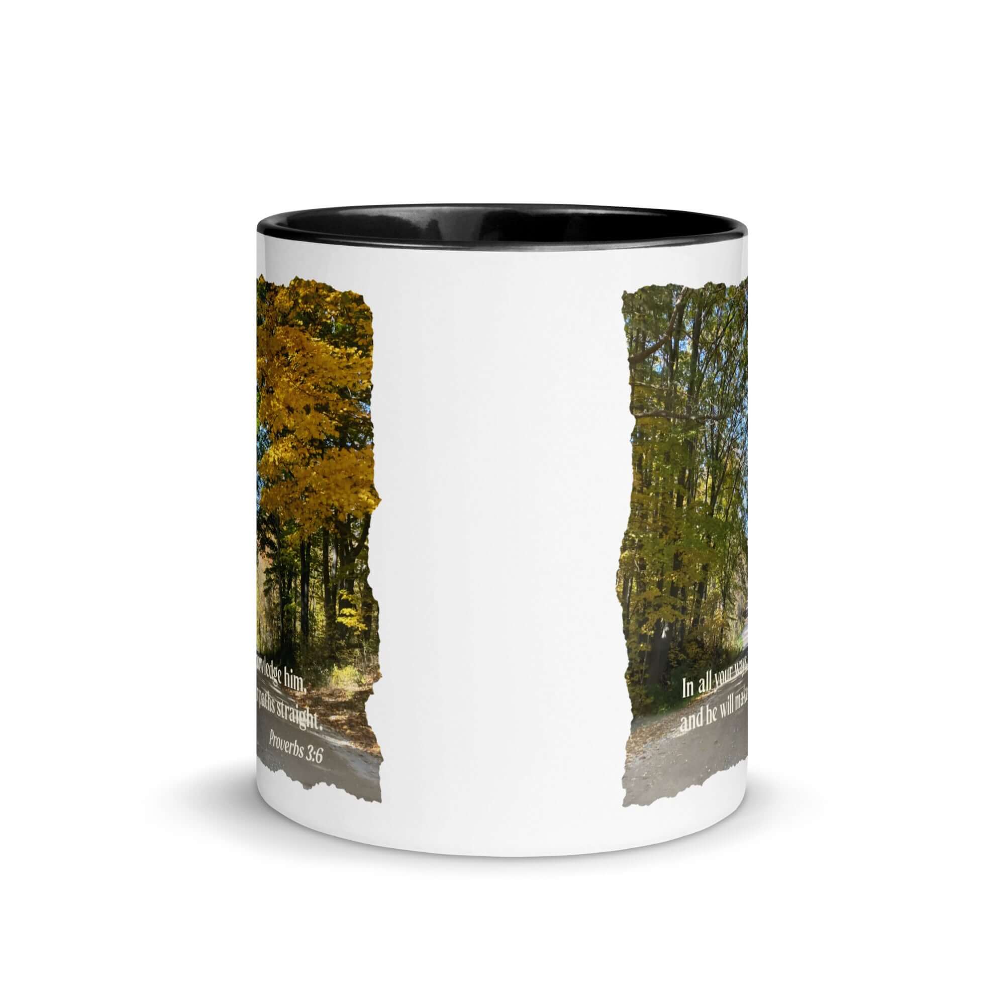 Proverbs 3:6 Bible Verse, Fall Road White Ceramic Mug with Color Inside