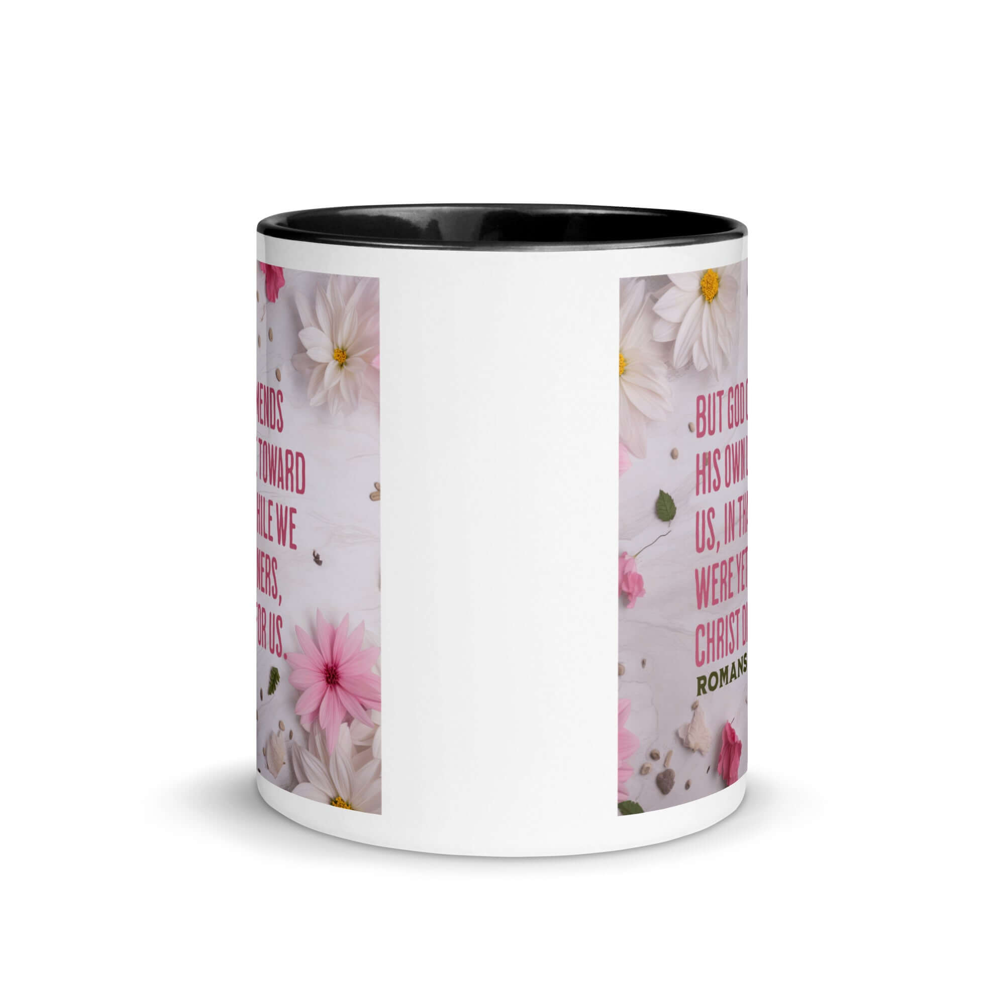 Romans 5:8 Bible Verse, Christ Died for Us White Ceramic Mug with Color Inside