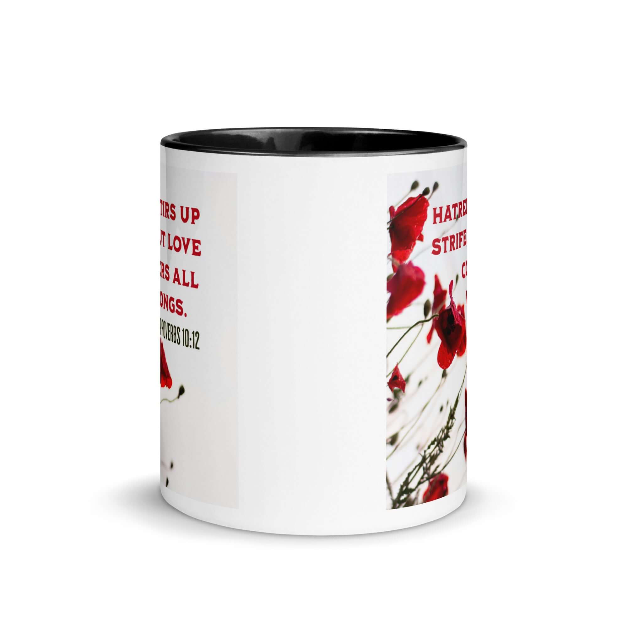 Proverbs 10:12 Bible Verse, Love Covers All White Ceramic Mug with Color Inside