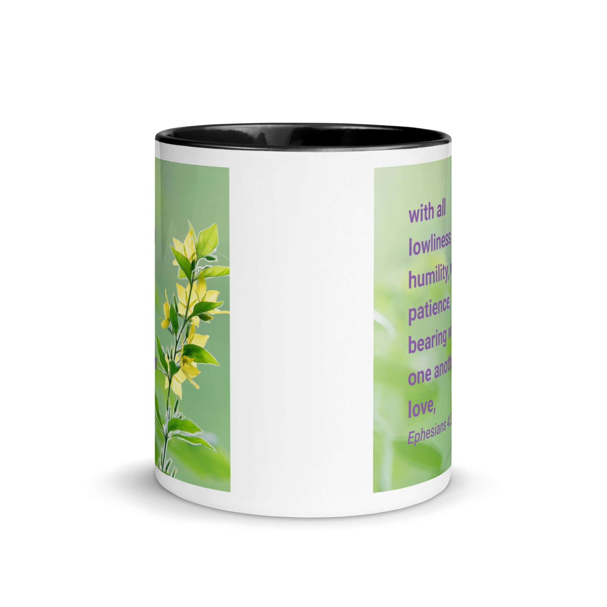 Ephesians 4:2 Bible Verse, one another in love White Ceramic Mug with Color Inside