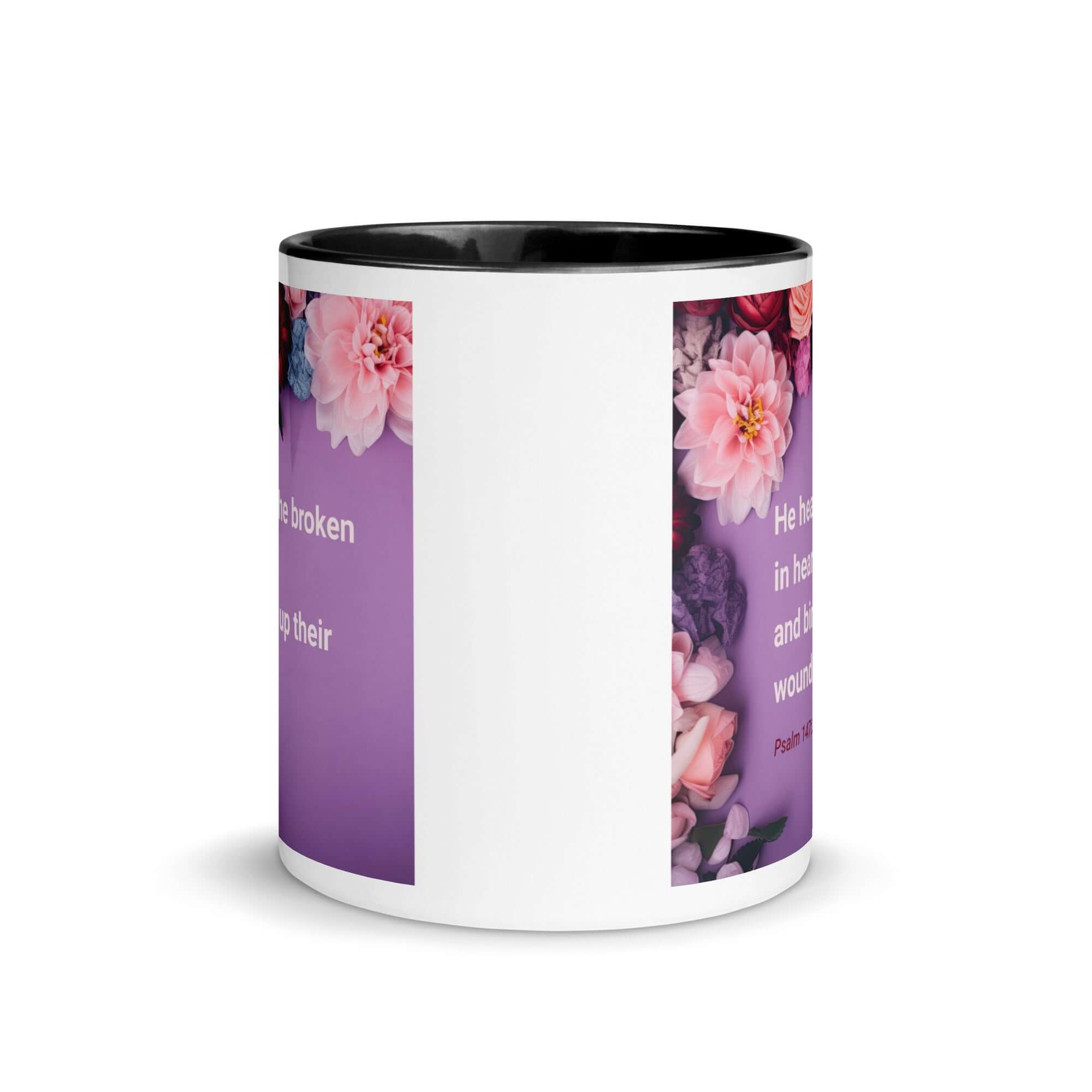 Psalm 147:3 Bible Verse, He heals the broken White Ceramic Mug with Color Inside