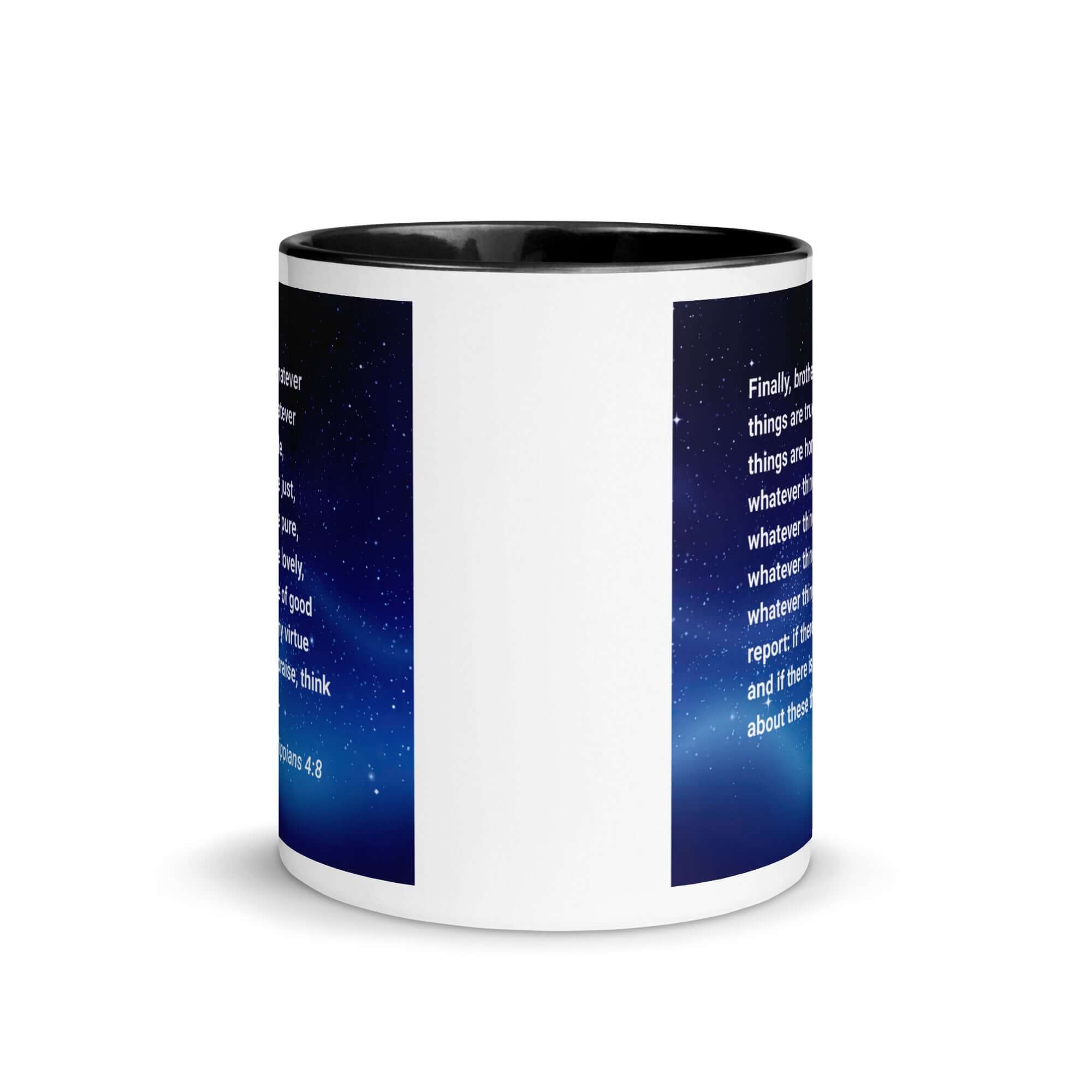 Philippians 4:8 Bible Verse, Think these things White Ceramic Mug with Color Inside