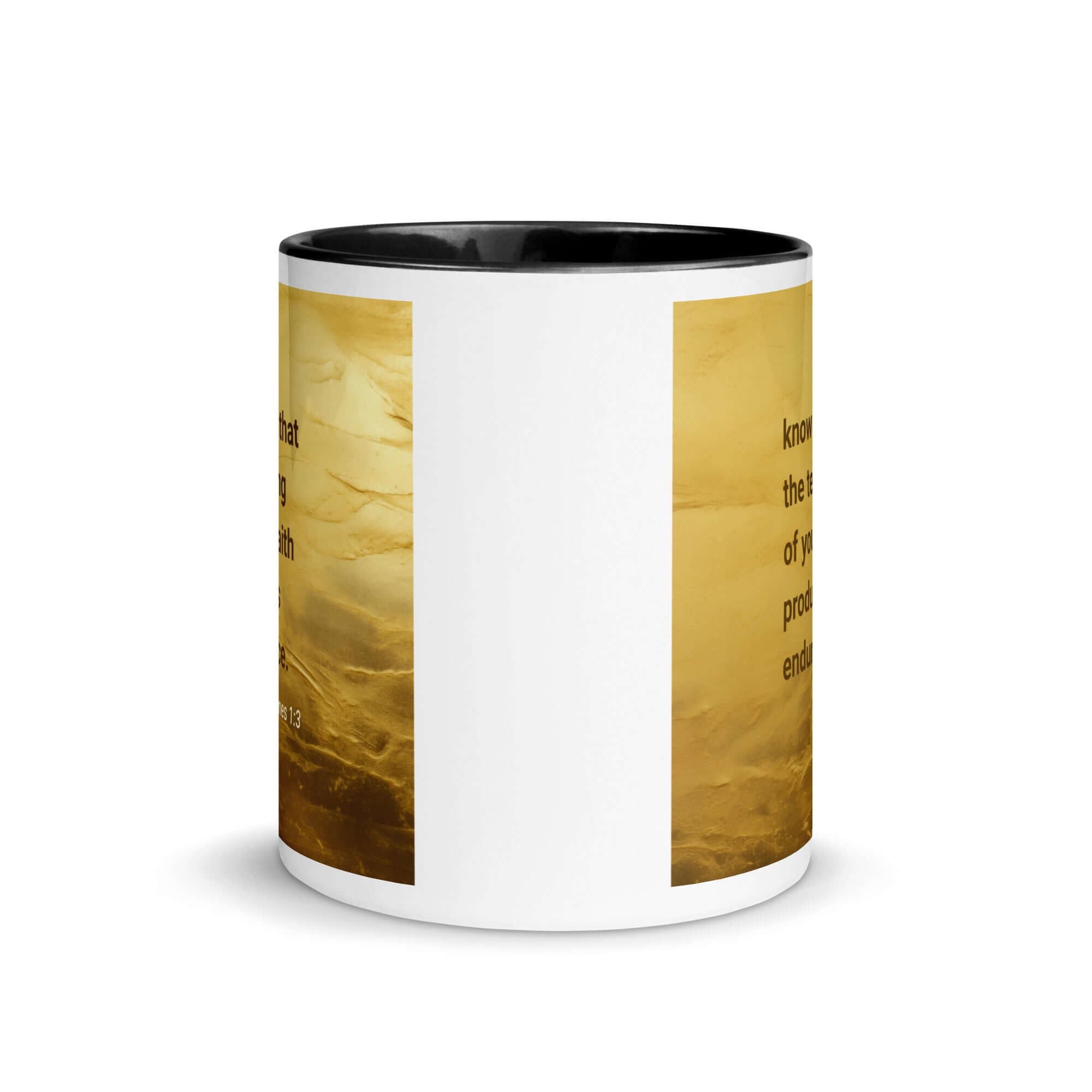 James 1:3 Bible Verse, testing of your faith White Ceramic Mug with Color Inside