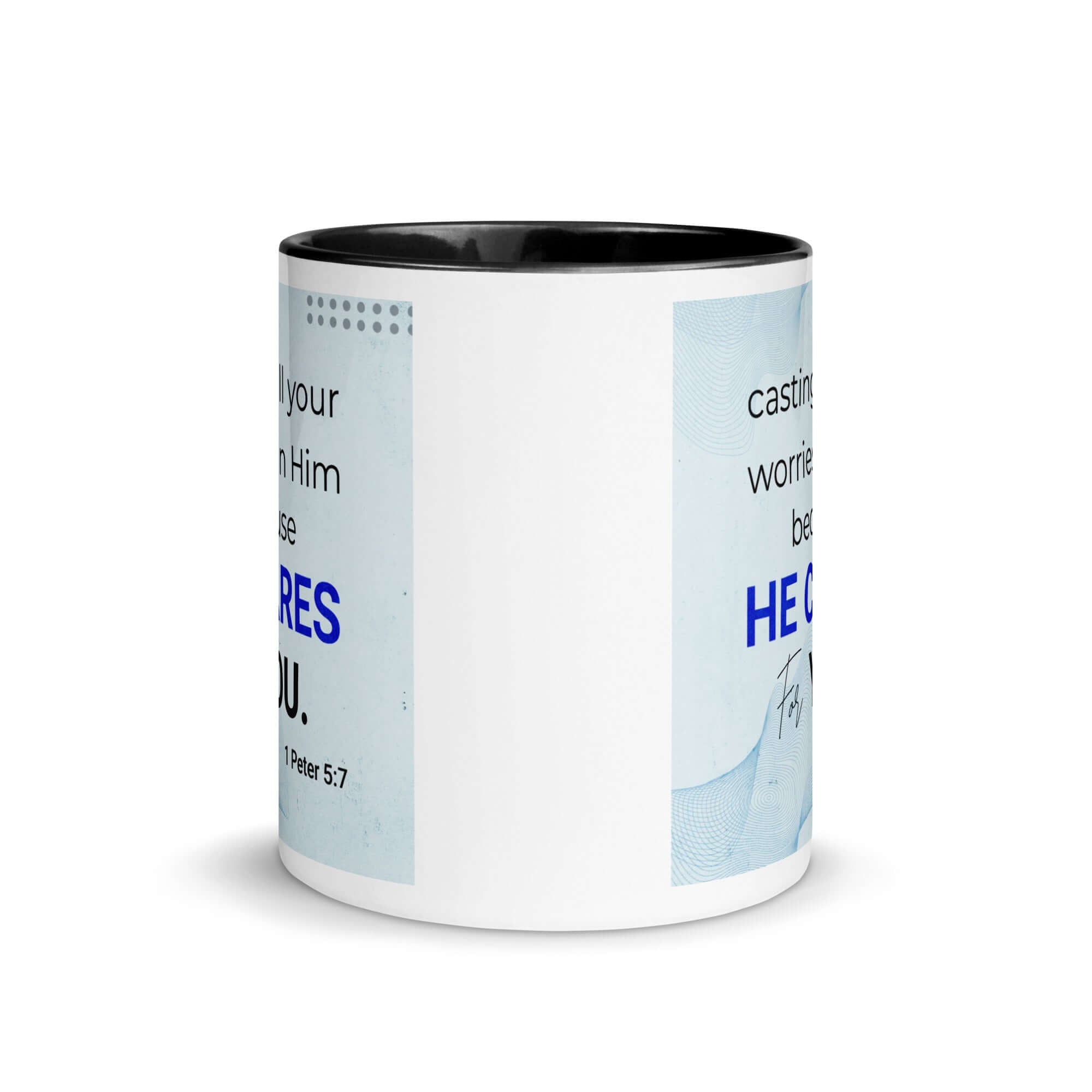 1 Peter 5:7 Bible Verse, casting all your worries on Him White Ceramic Mug with Color Inside