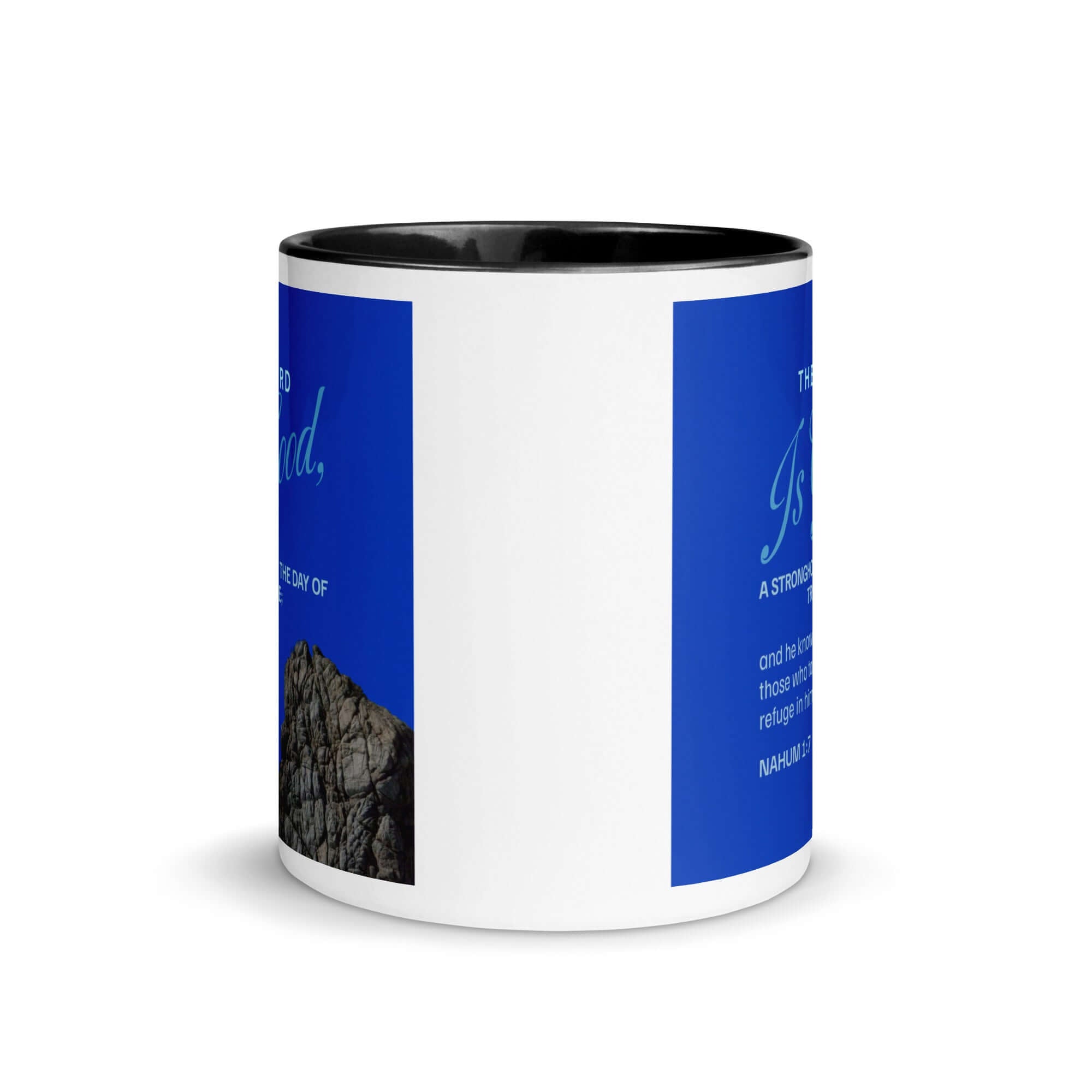 Nahum 1:7 Bible Verse, The LORD is a stronghold White Ceramic Mug with Color Inside