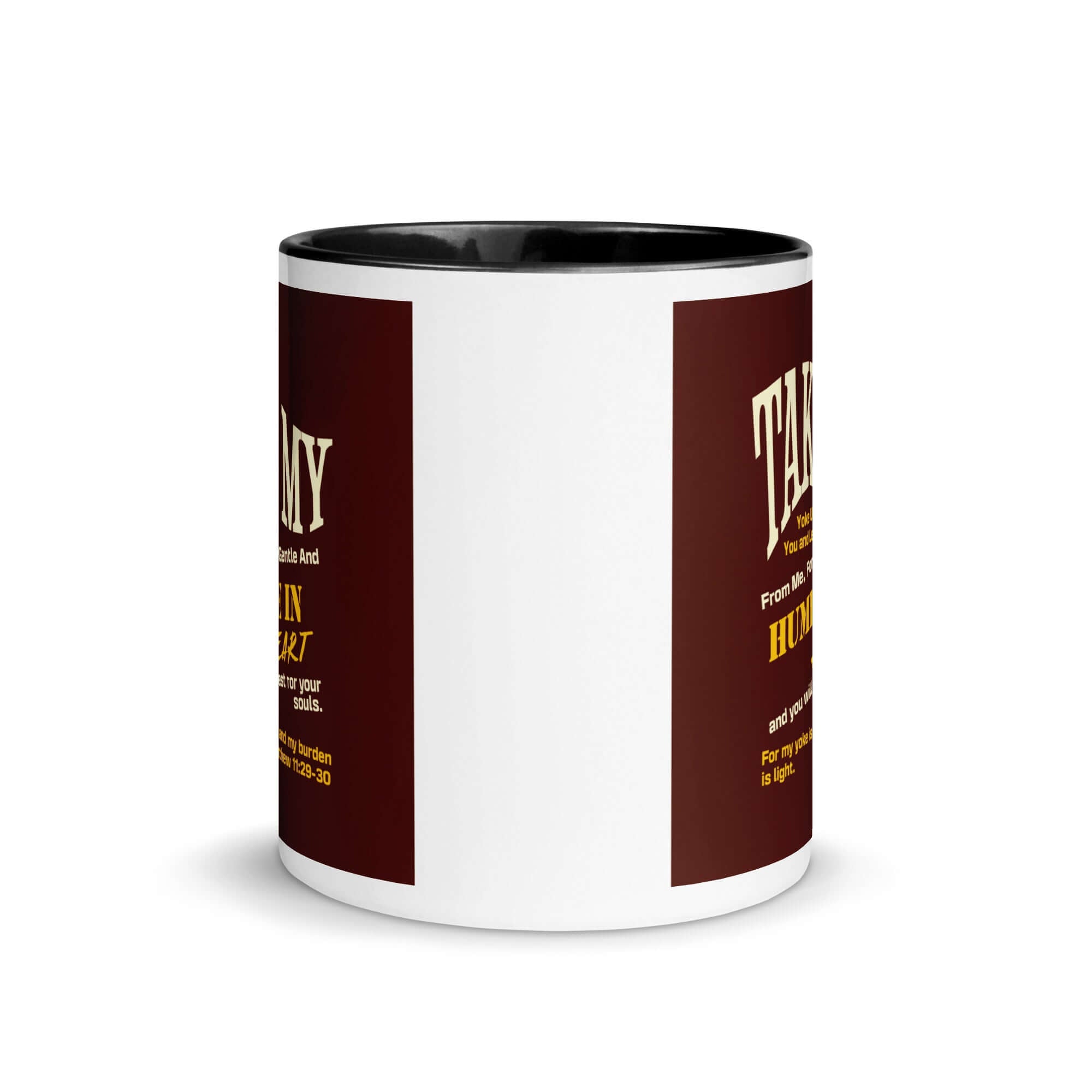 Matthew 11:29-30 Bible Verse, learn from me White Ceramic Mug with Color Inside