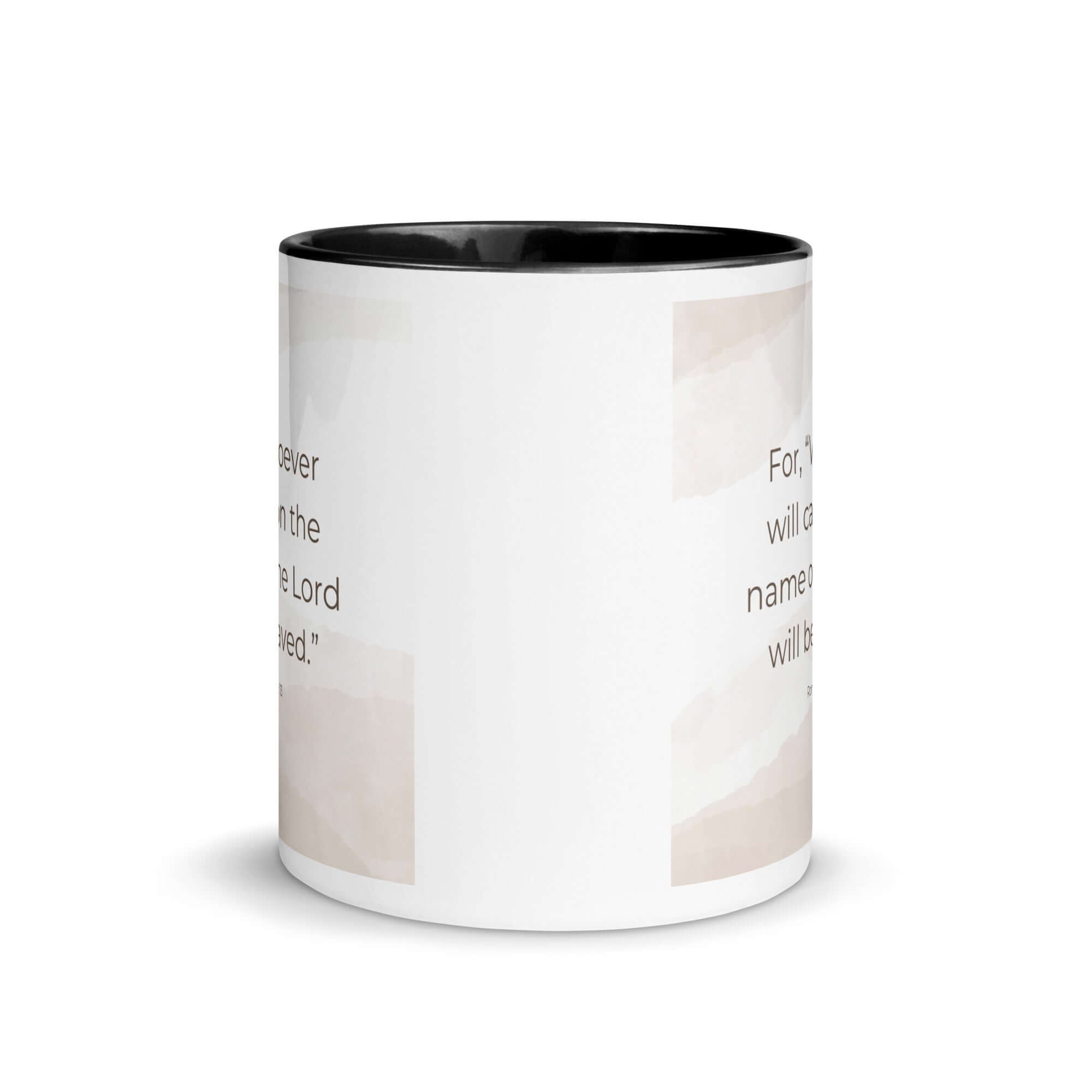 Romans 10:13 Bible Verse, the name White Ceramic Mug with Color Inside