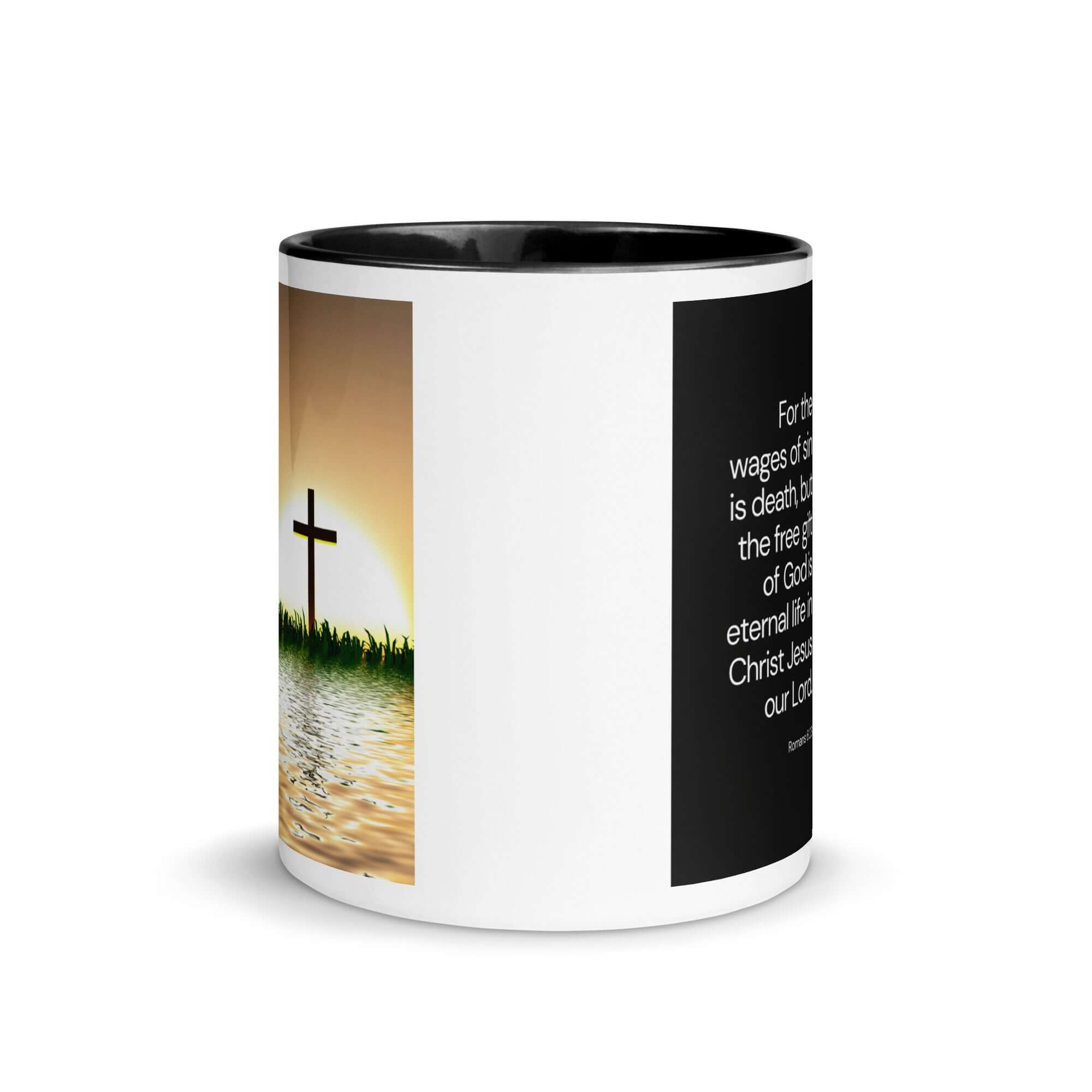 Romans 6:23 Bible Verse, the wages White Ceramic Mug with Color Inside