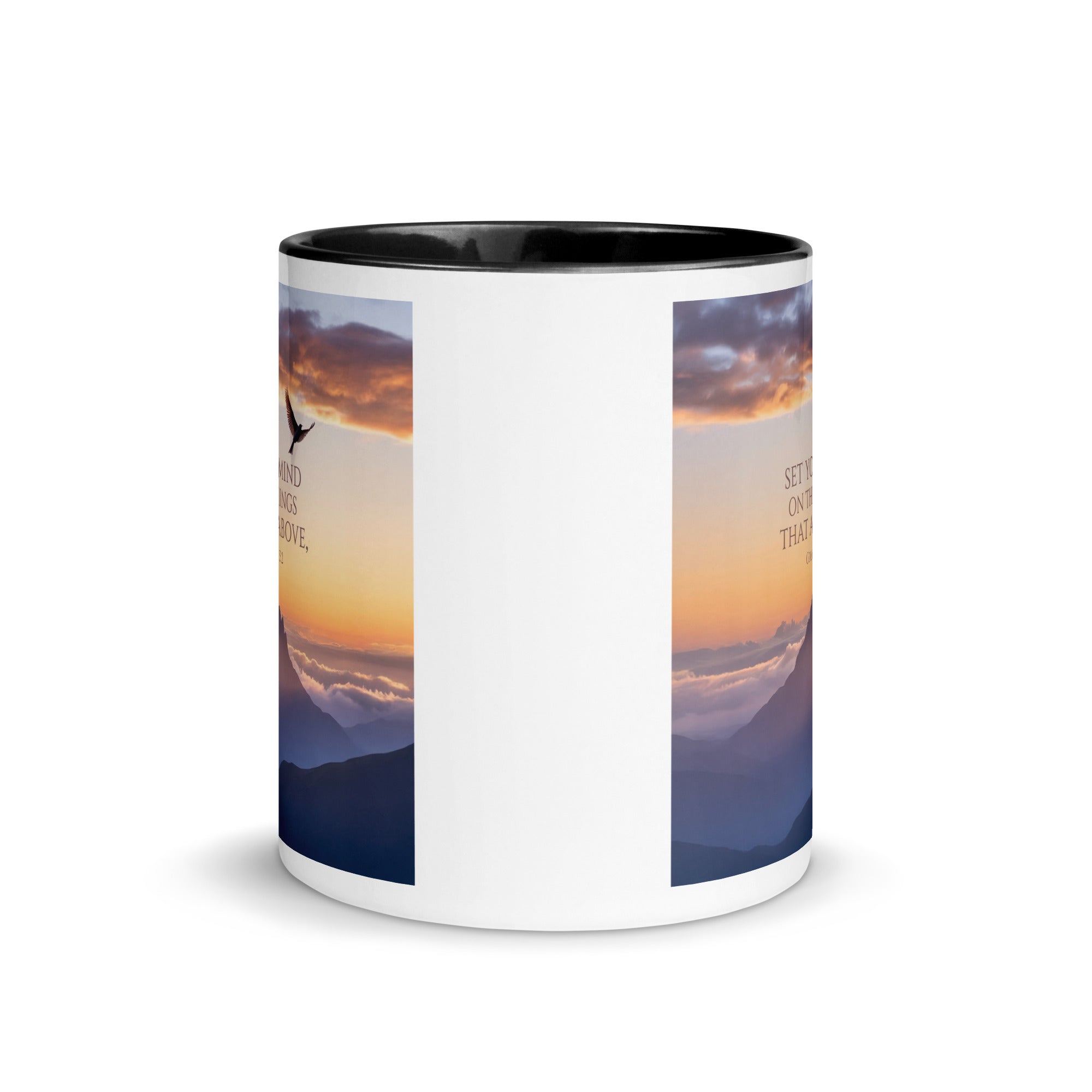 Colossians 3:2 Bible Verse are above White Ceramic Mug with Color Inside