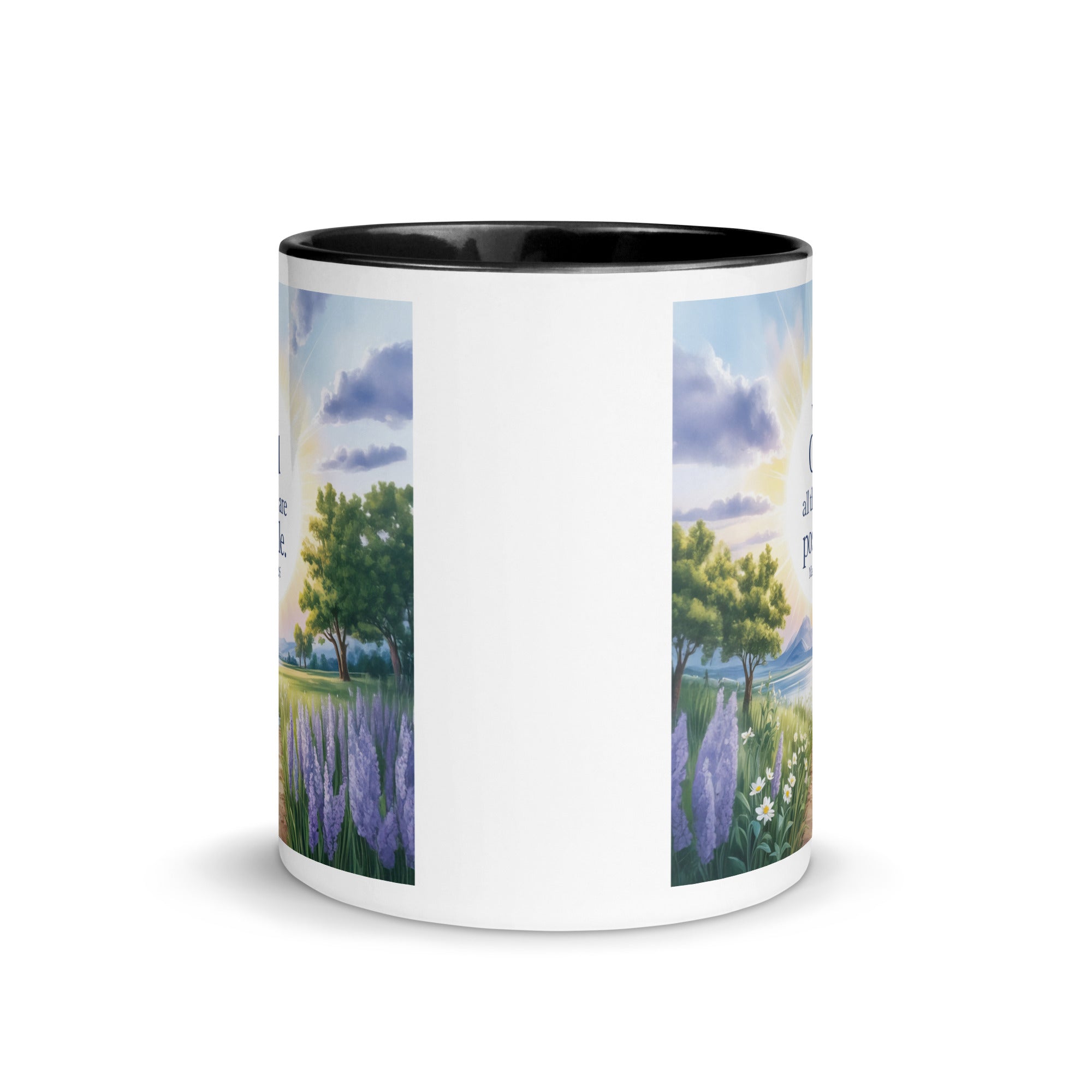Matthew 19:26 Bible Verse Looking at White Ceramic Mug with Color Inside