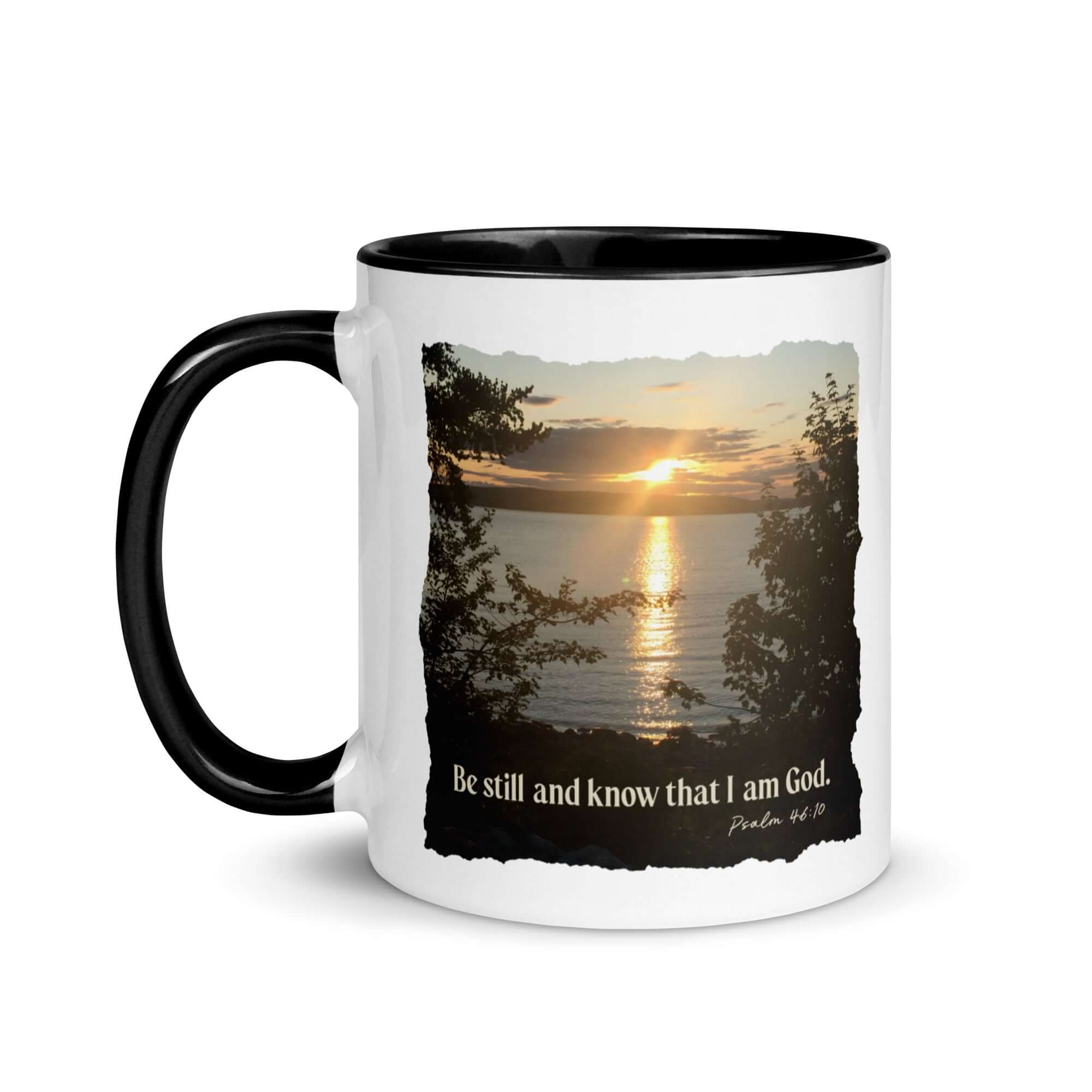Psalm 46:10 Bible Verse, Sunset Glory White Ceramic Mug with Color Inside