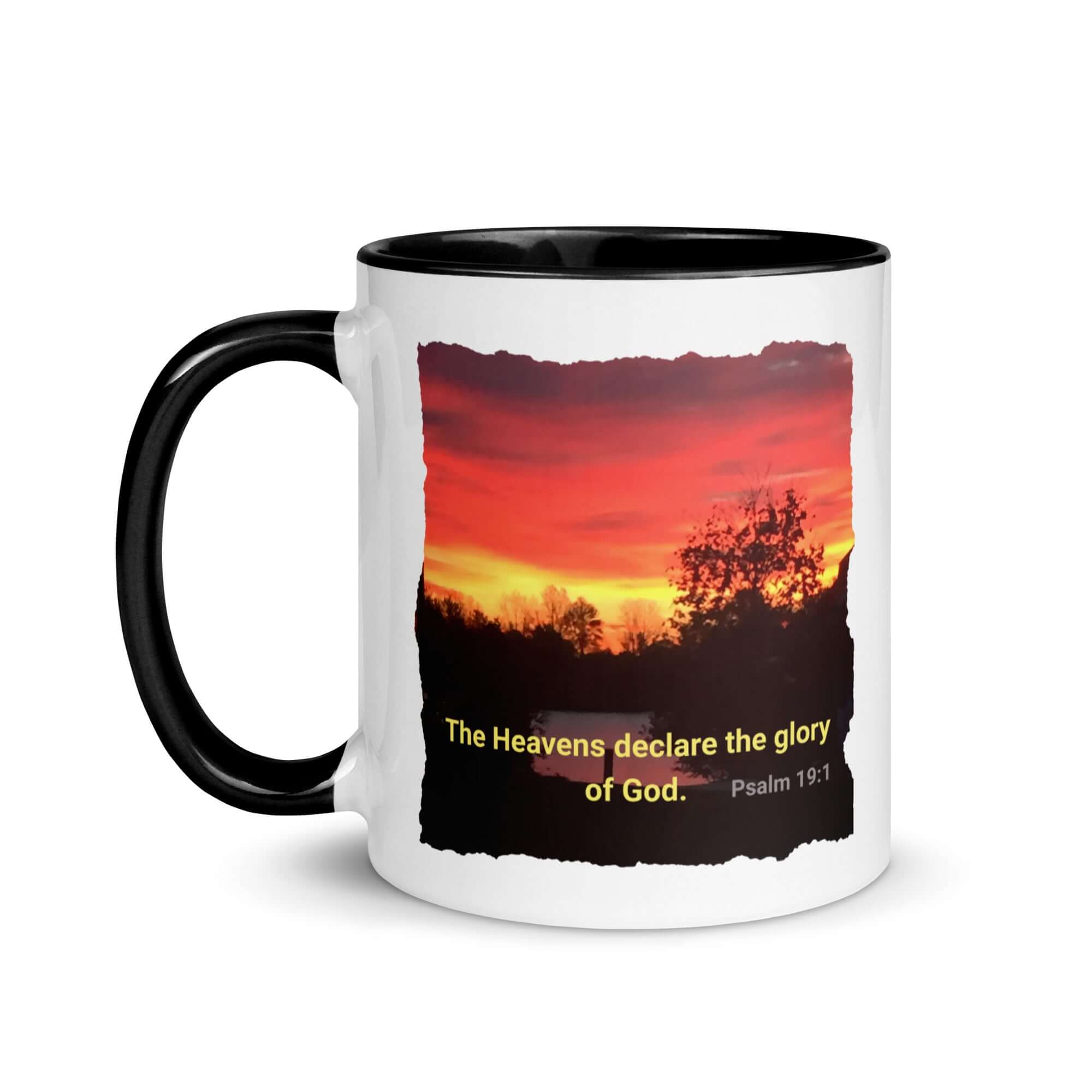 Psalm 19:1 Bible Verse, Sunset Glory White Ceramic Mug with Color Inside