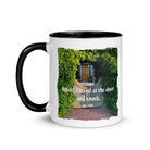 Revelation 3:20 Bible Verse, Garden Doorway White Ceramic Mug with Color Inside