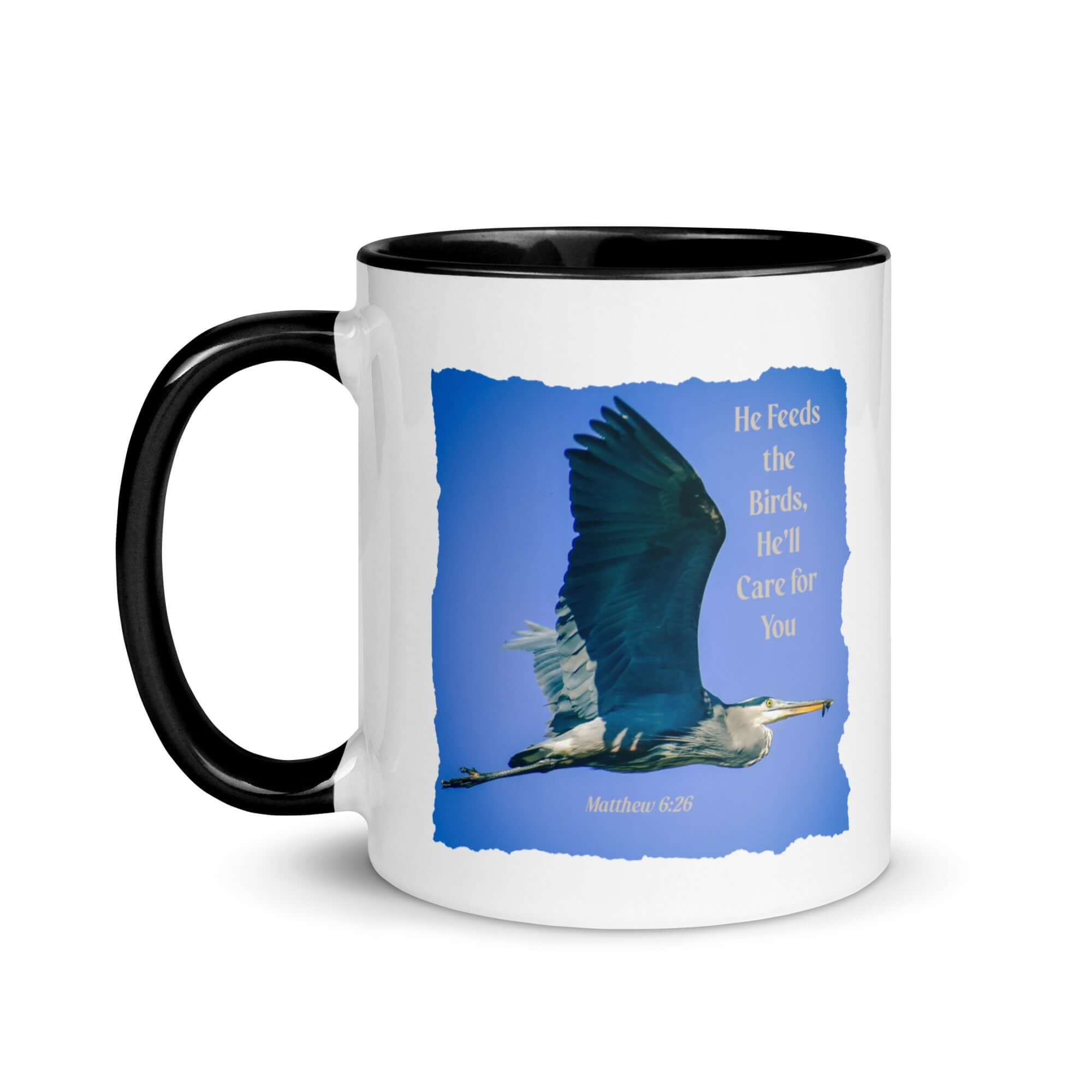 Matthew 6:26 Graceful Heron, He'll Care for You White Ceramic Mug with Color Inside