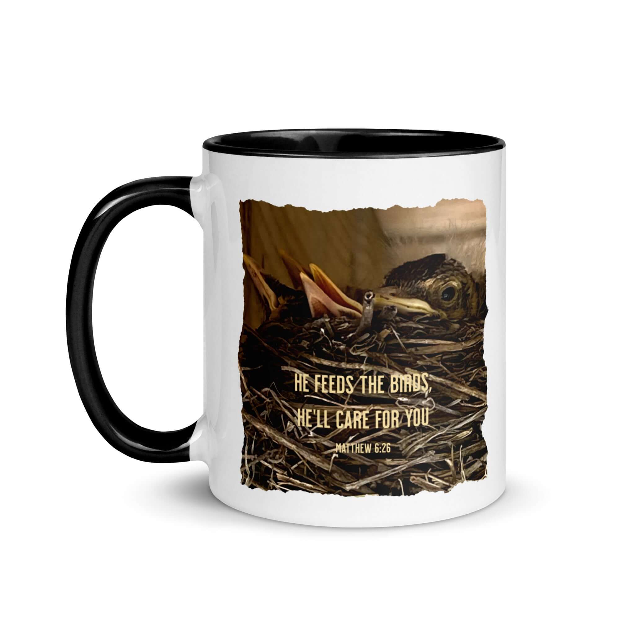 Matthew 6:26 Baby Robins, He'll Care for You White Ceramic Mug with Color Inside