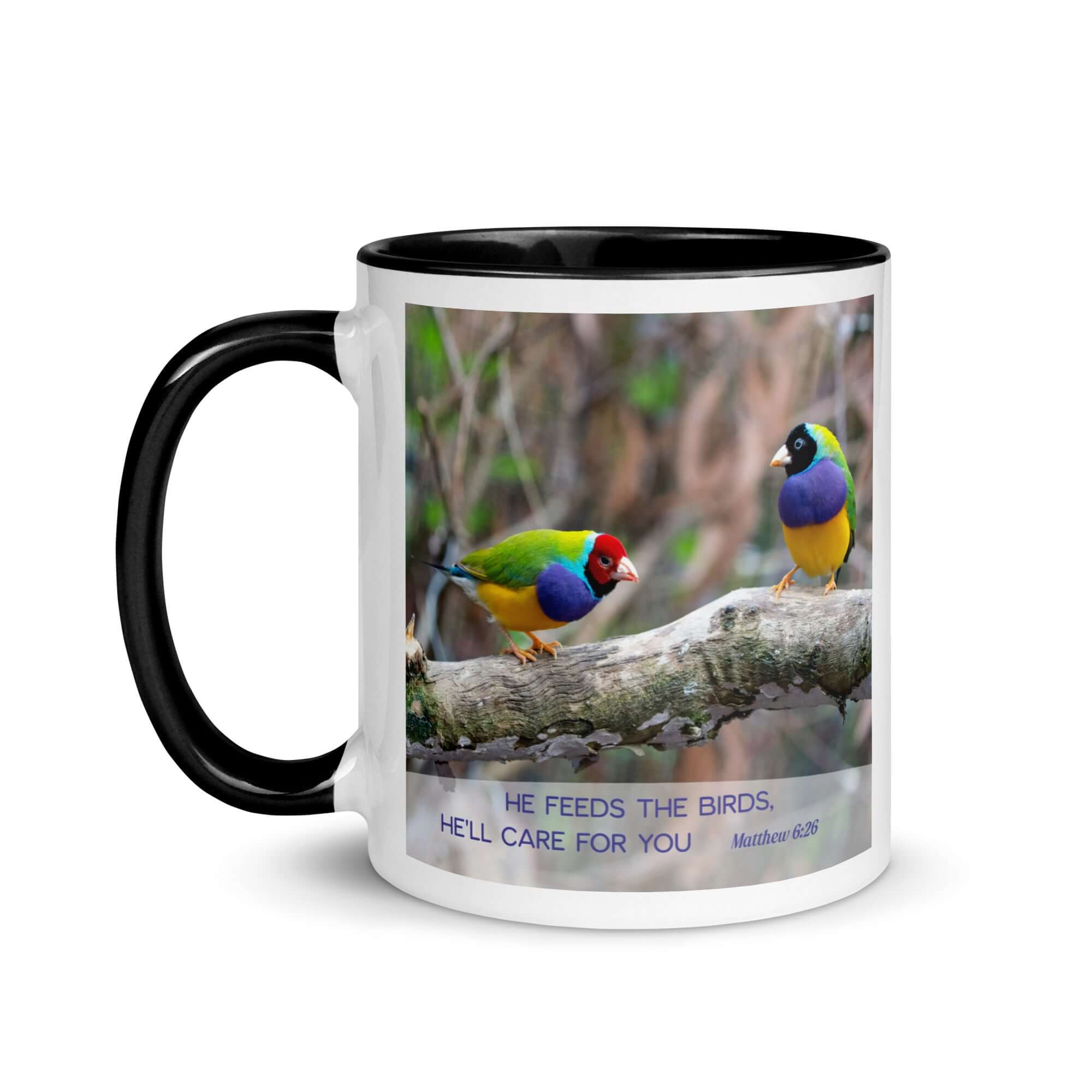 Matthew 6:26 Gouldian Finches, He'll Care for You White Ceramic Mug with Color Inside