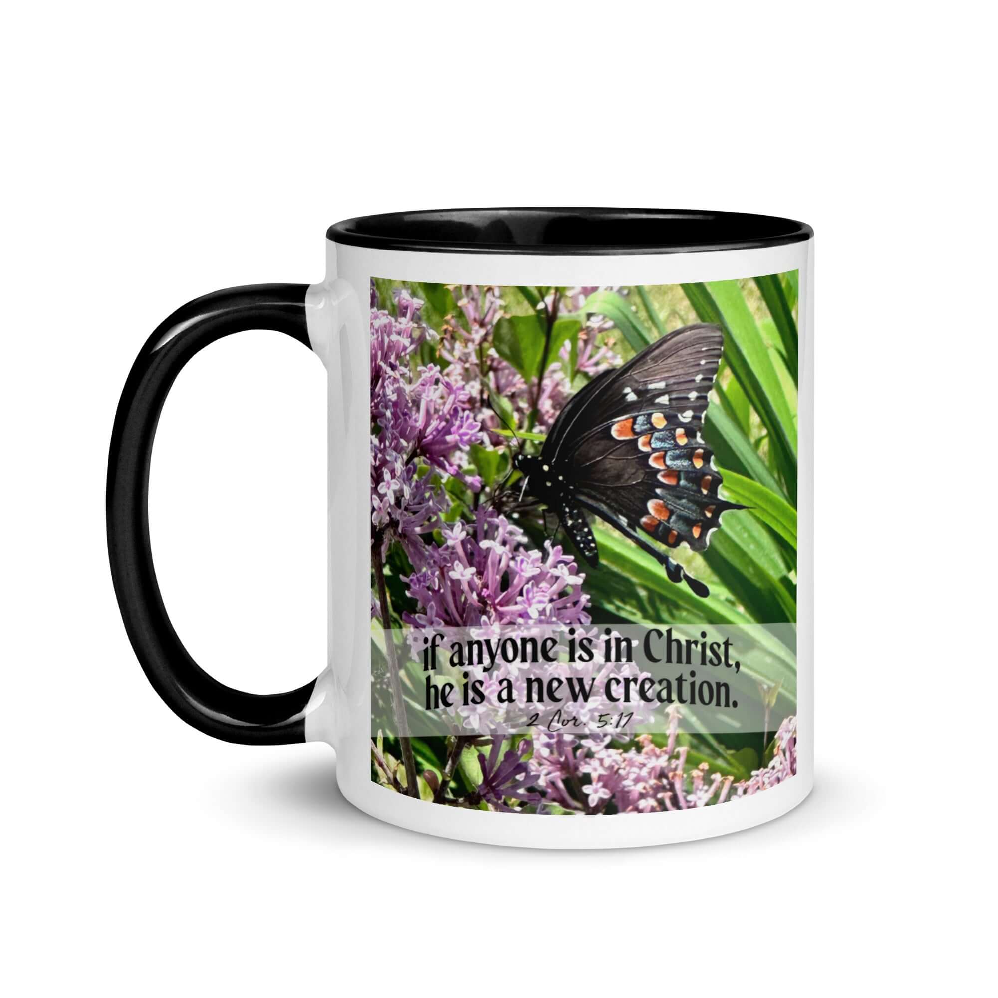 2 Corinthians 5:17 Bible Verse, Butterfly White Ceramic Mug with Color Inside