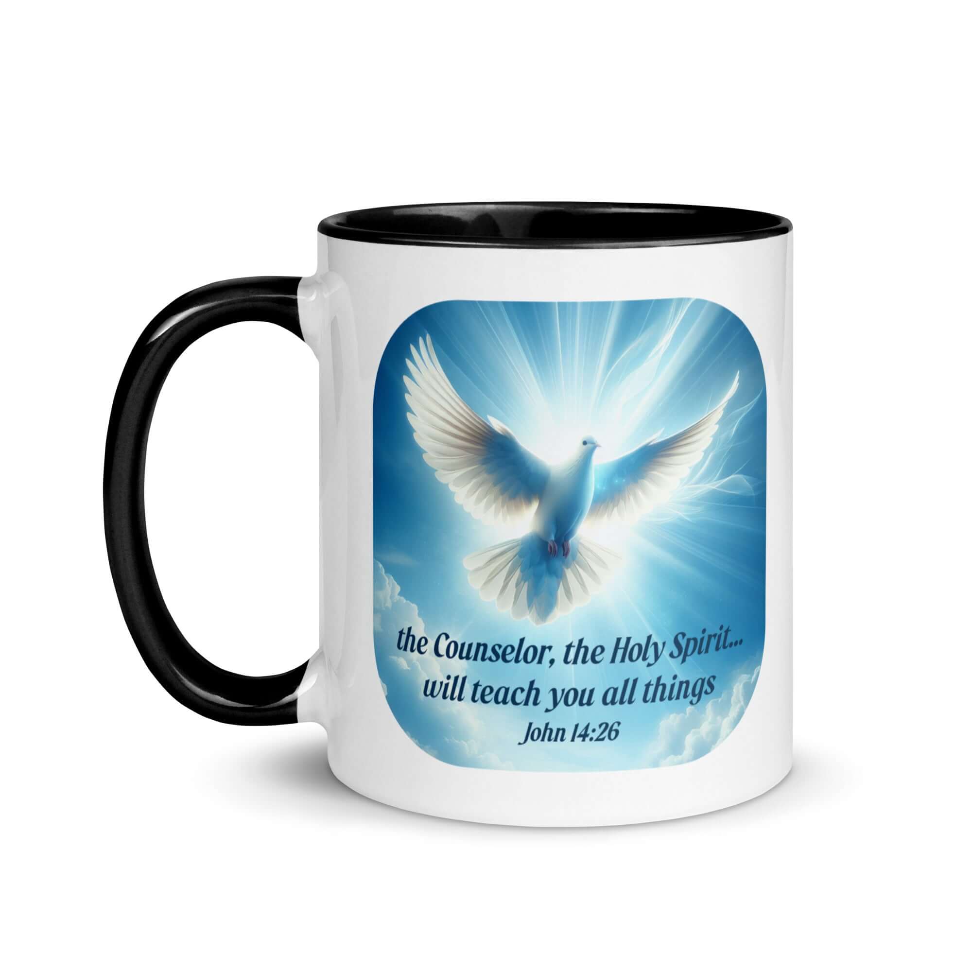 John 14:26 Bible Verse, Holy Spirit Dove White Ceramic Mug with Color Inside