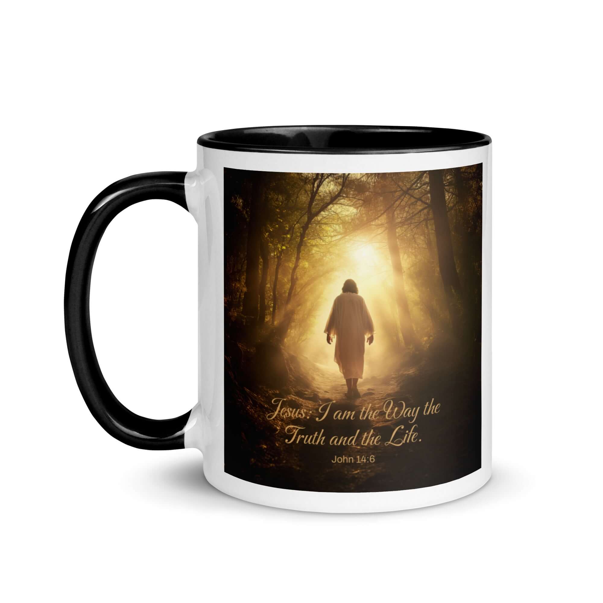 John 14:6 Bible Verse, Forest Image White Ceramic Mug with Color Inside