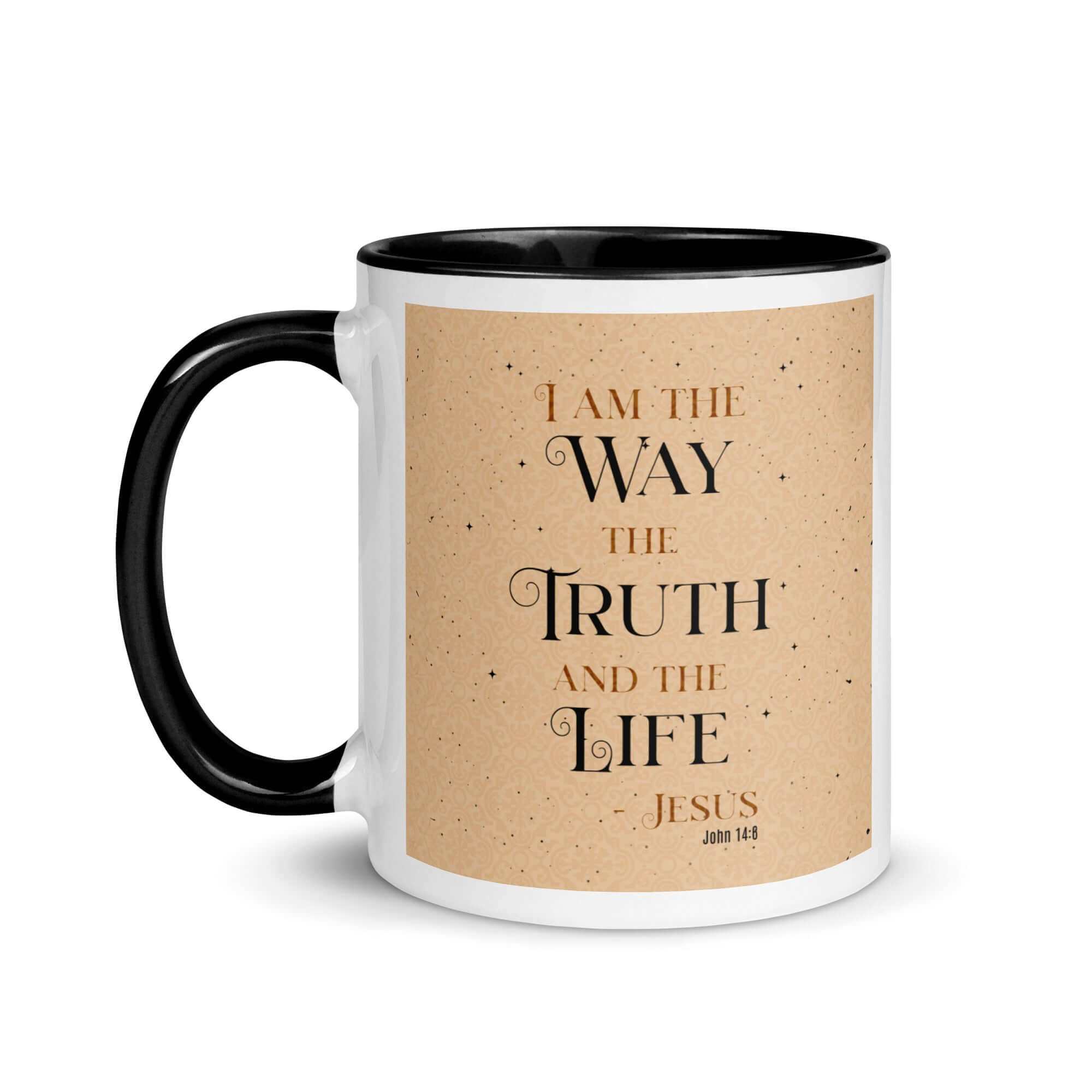 John 14:6 Bible Verse, Color Text Brown Background White Ceramic Mug with Color Inside