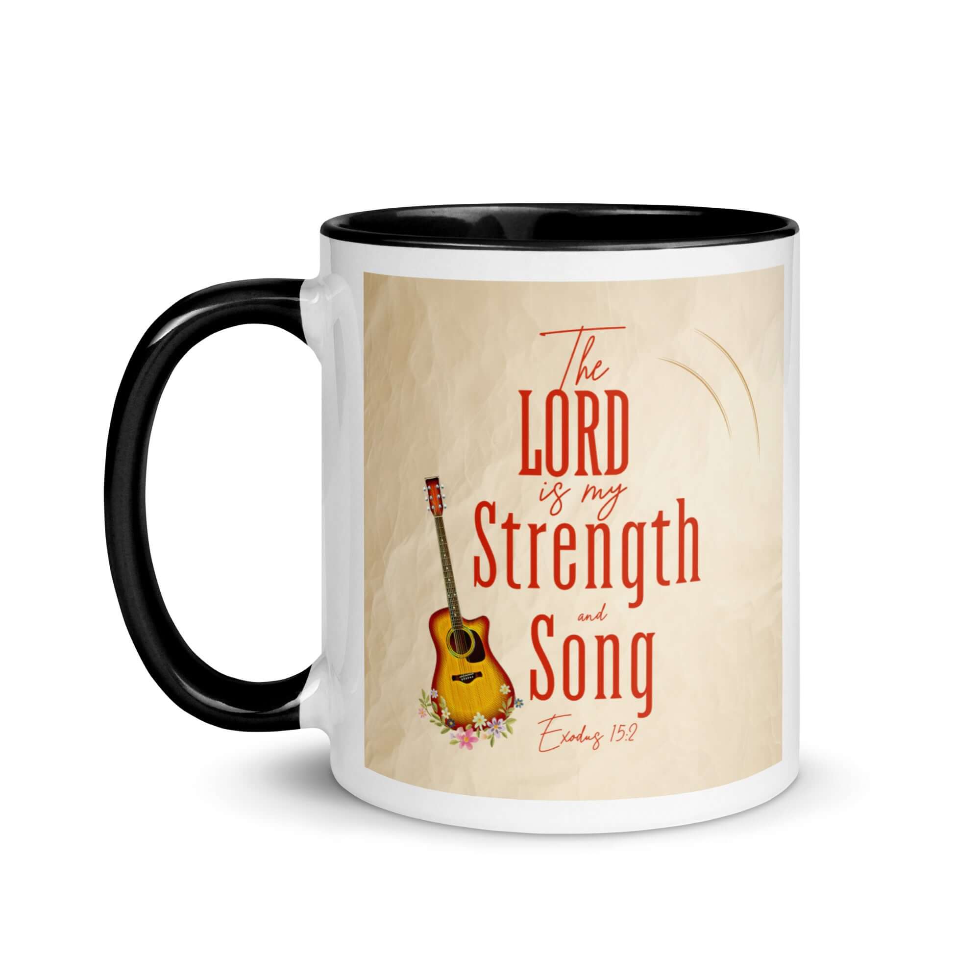 Exodus 15:2 Bible Verse, The LORD is my strength White Ceramic Mug with Color Inside