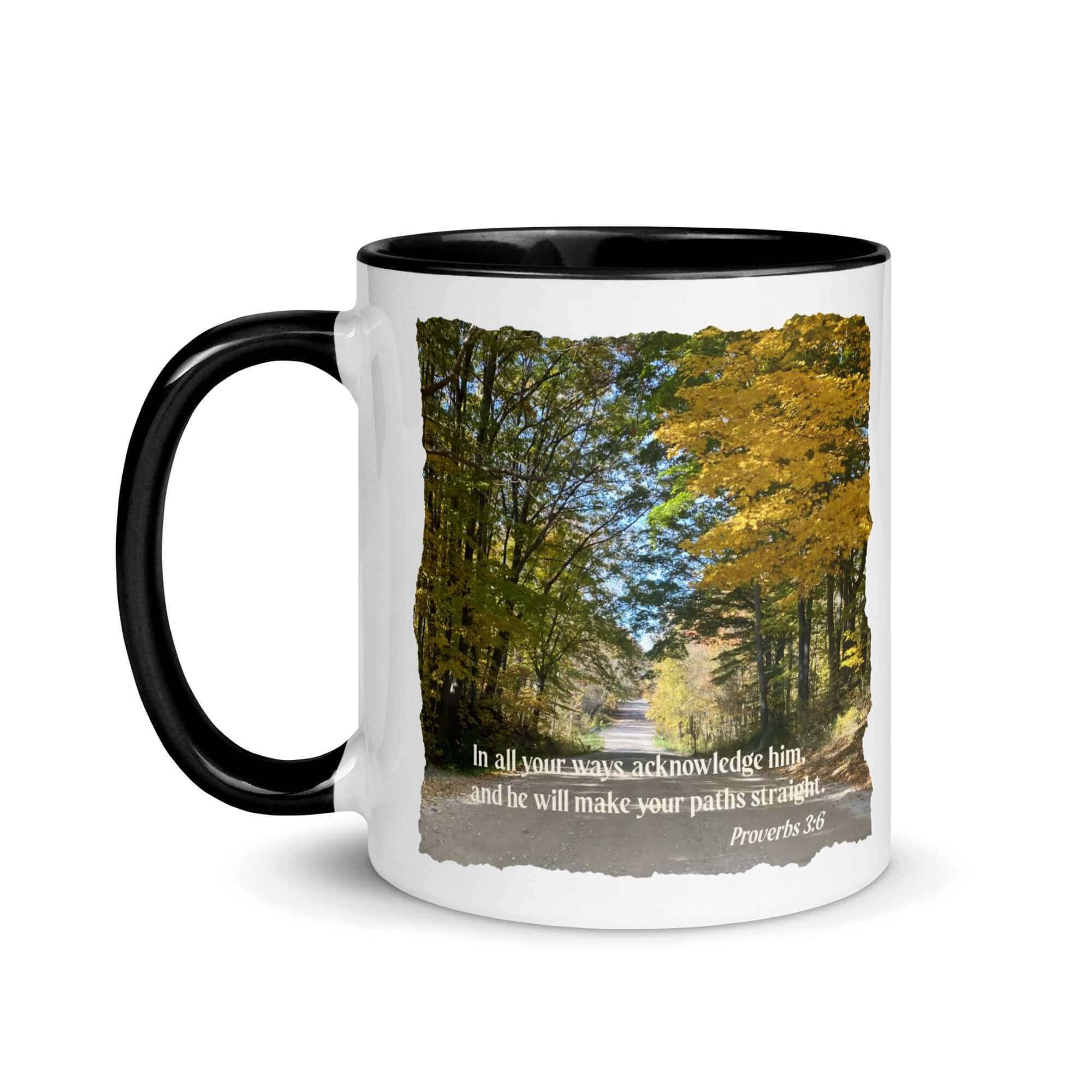 Proverbs 3:6 Bible Verse, Fall Road White Ceramic Mug with Color Inside