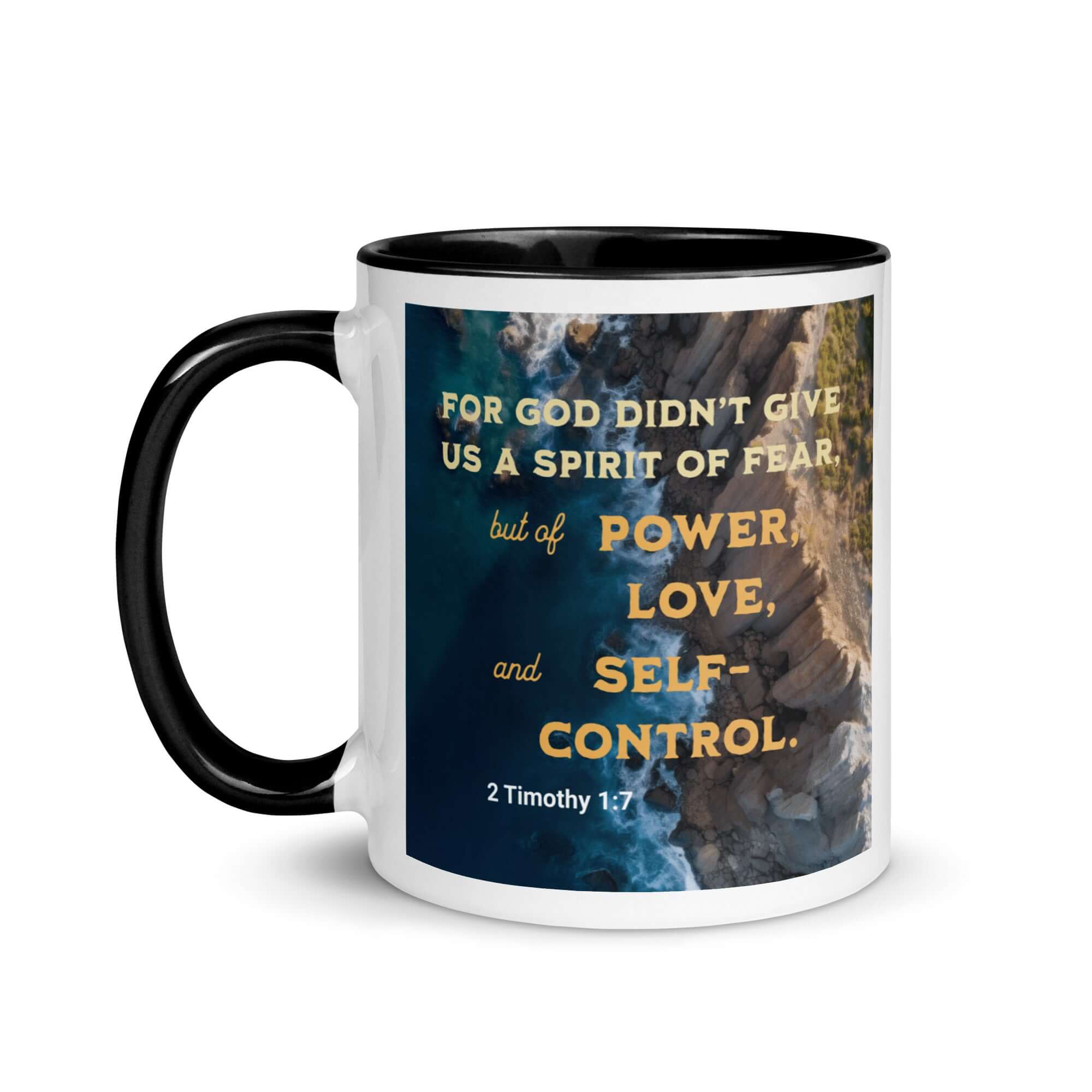 2 Timothy 1:7 Bible Verse, Power, Love, Self-Control White Ceramic Mug with Color Inside