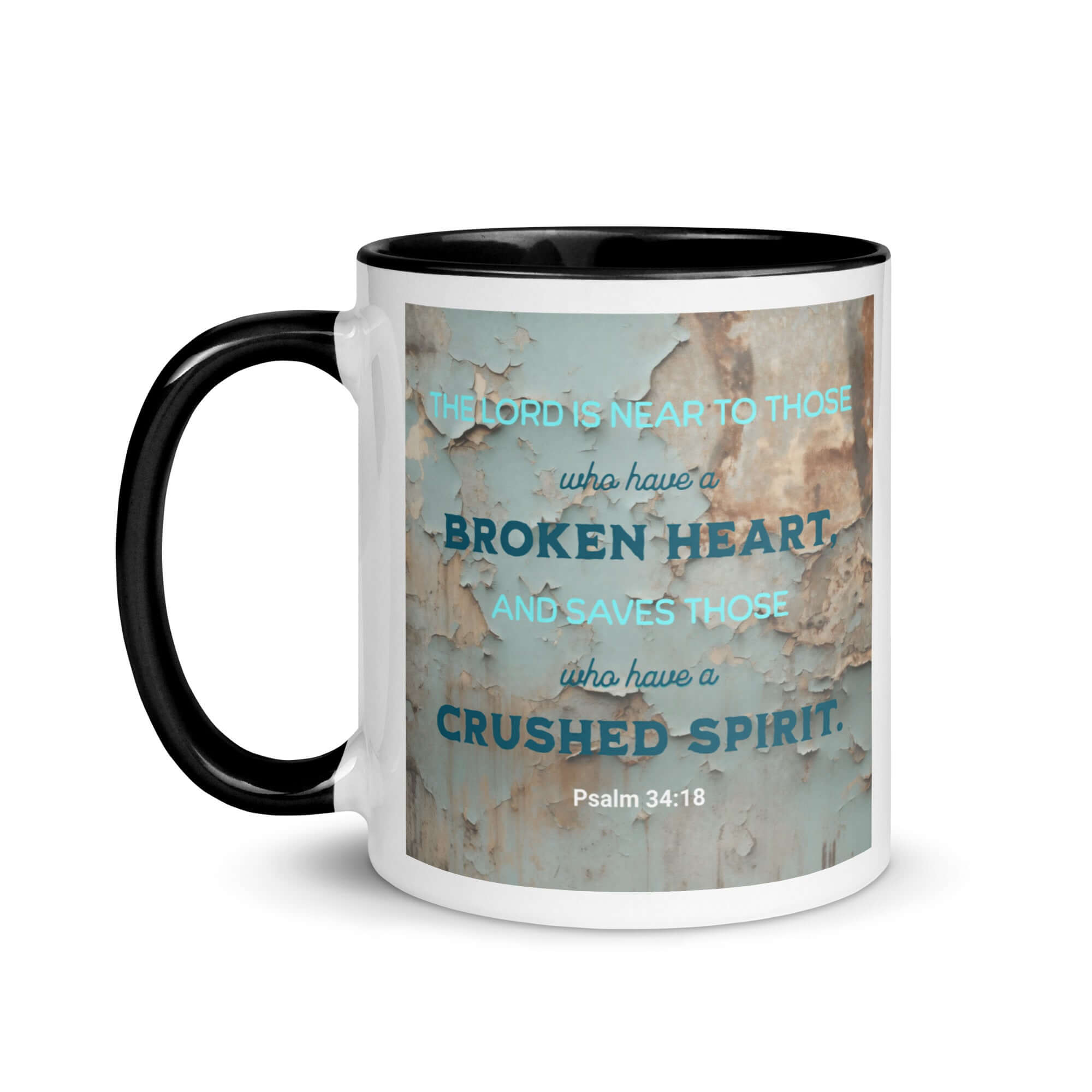 Psalm 34:18 Bible Verse, The LORD is Near White Ceramic Mug with Color Inside
