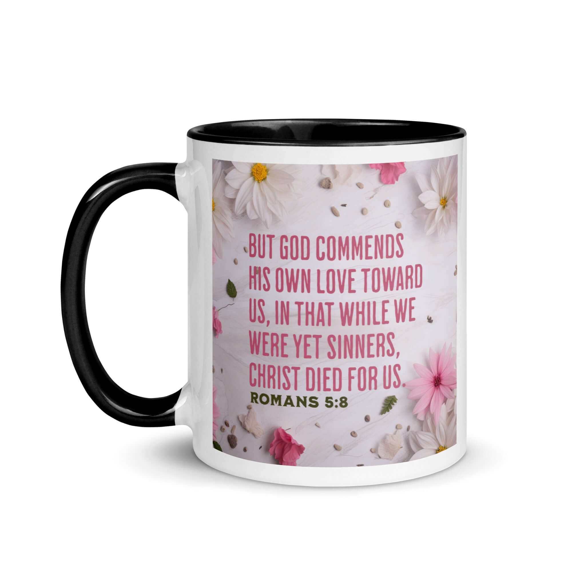Romans 5:8 Bible Verse, Christ Died for Us White Ceramic Mug with Color Inside