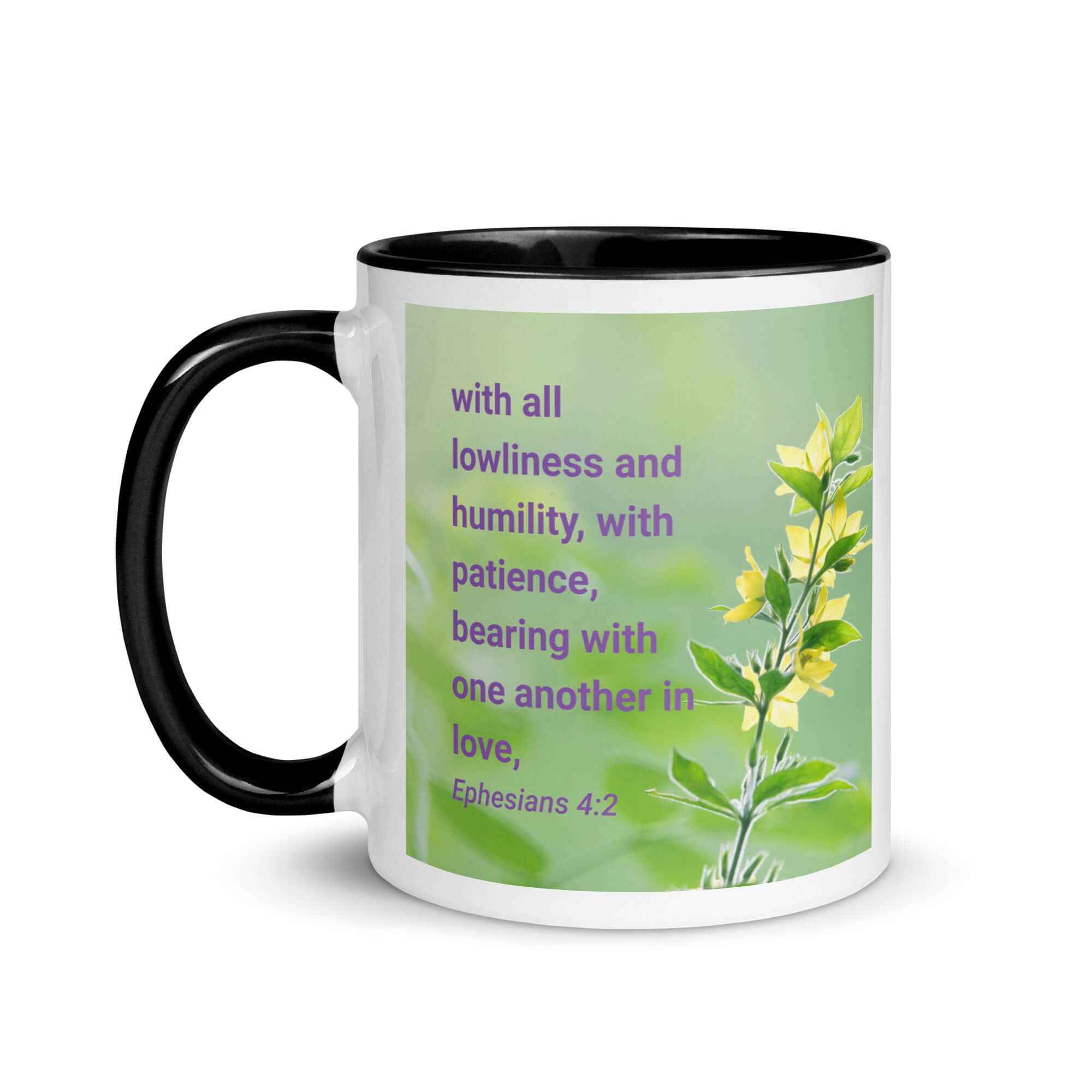 Ephesians 4:2 Bible Verse, one another in love White Ceramic Mug with Color Inside