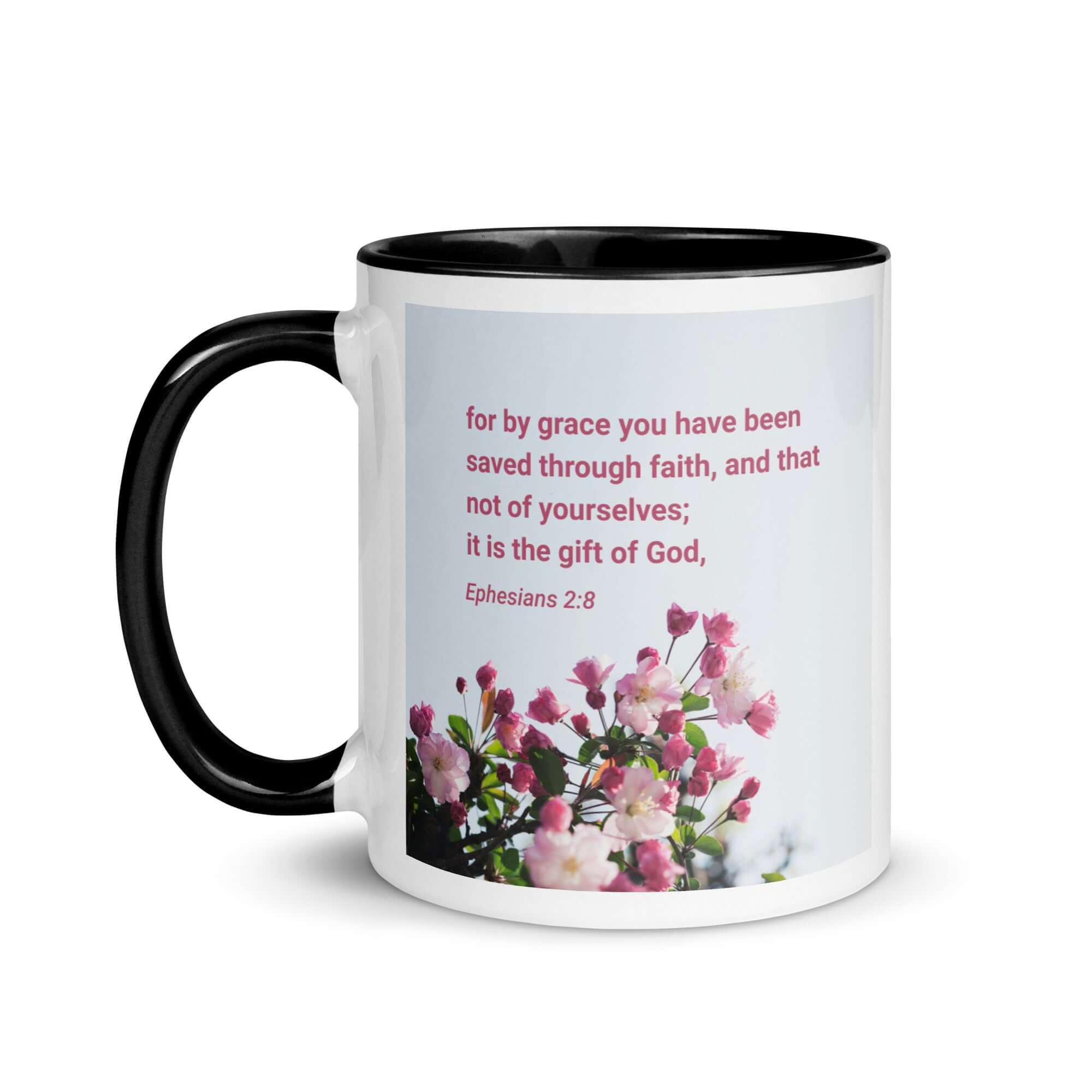 Ephesians 2:8 Bible Verse, saved through faith White Ceramic Mug with Color Inside