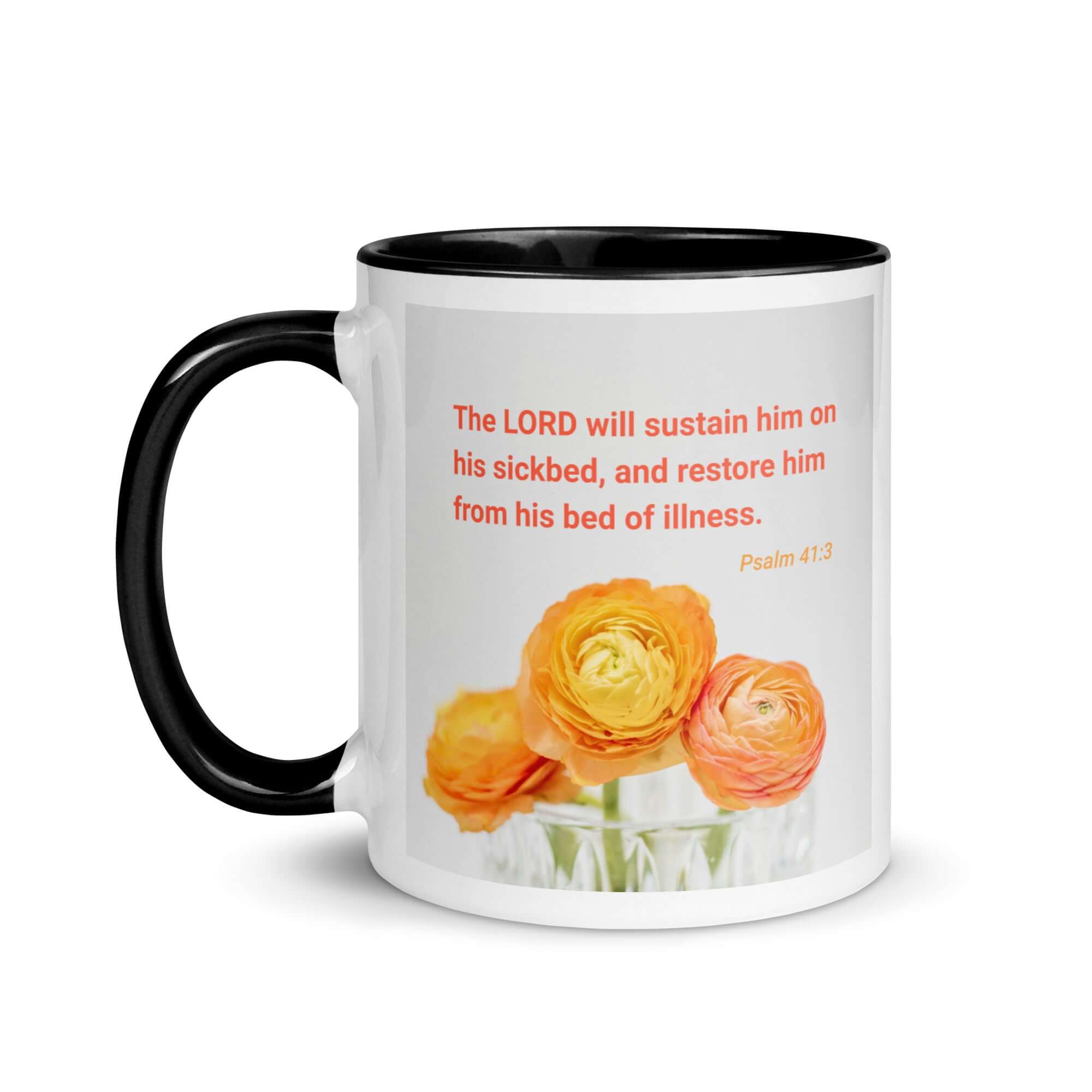 Psalm 41:3 Bible Verse, LORD will sustain White Ceramic Mug with Color Inside