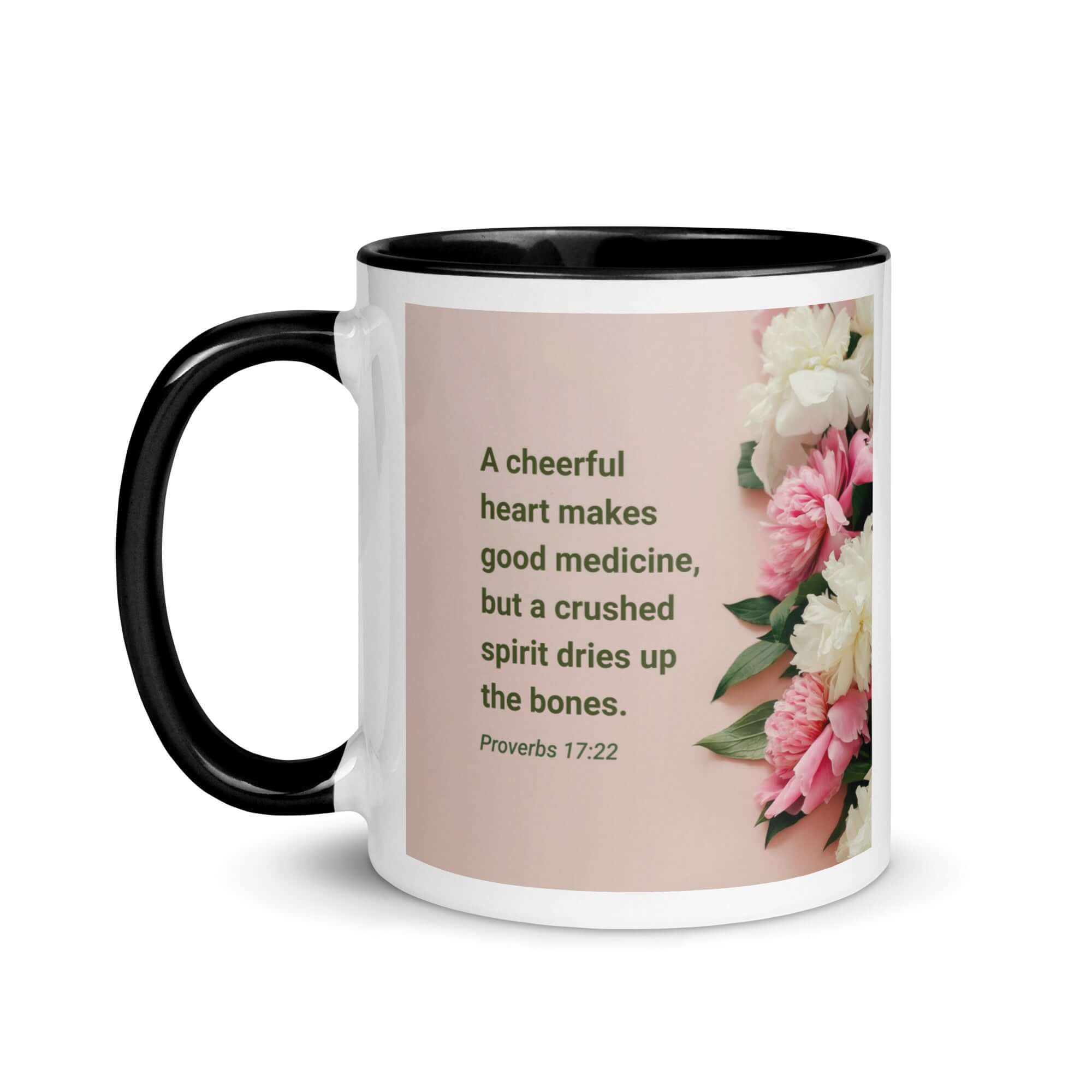 Proverbs 17:22 Bible Verse, good medicine White Ceramic Mug with Color Inside