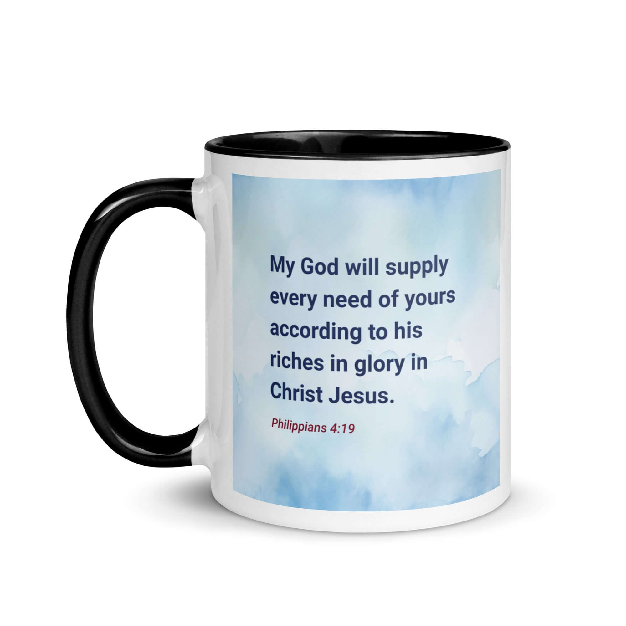 Philippians 4:19 Bible Verse, God will supply White Ceramic Mug with Color Inside