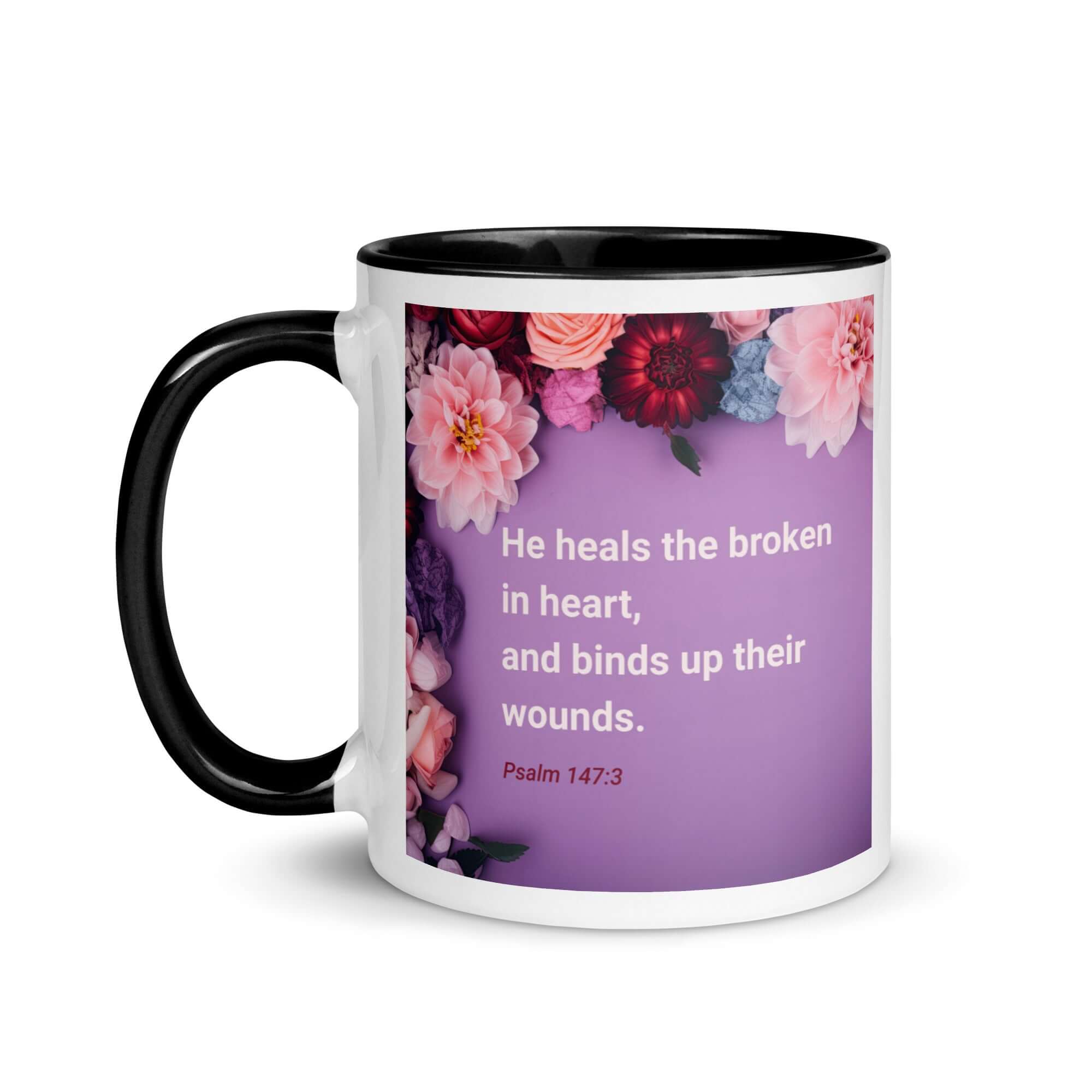 Psalm 147:3 Bible Verse, He heals the broken White Ceramic Mug with Color Inside