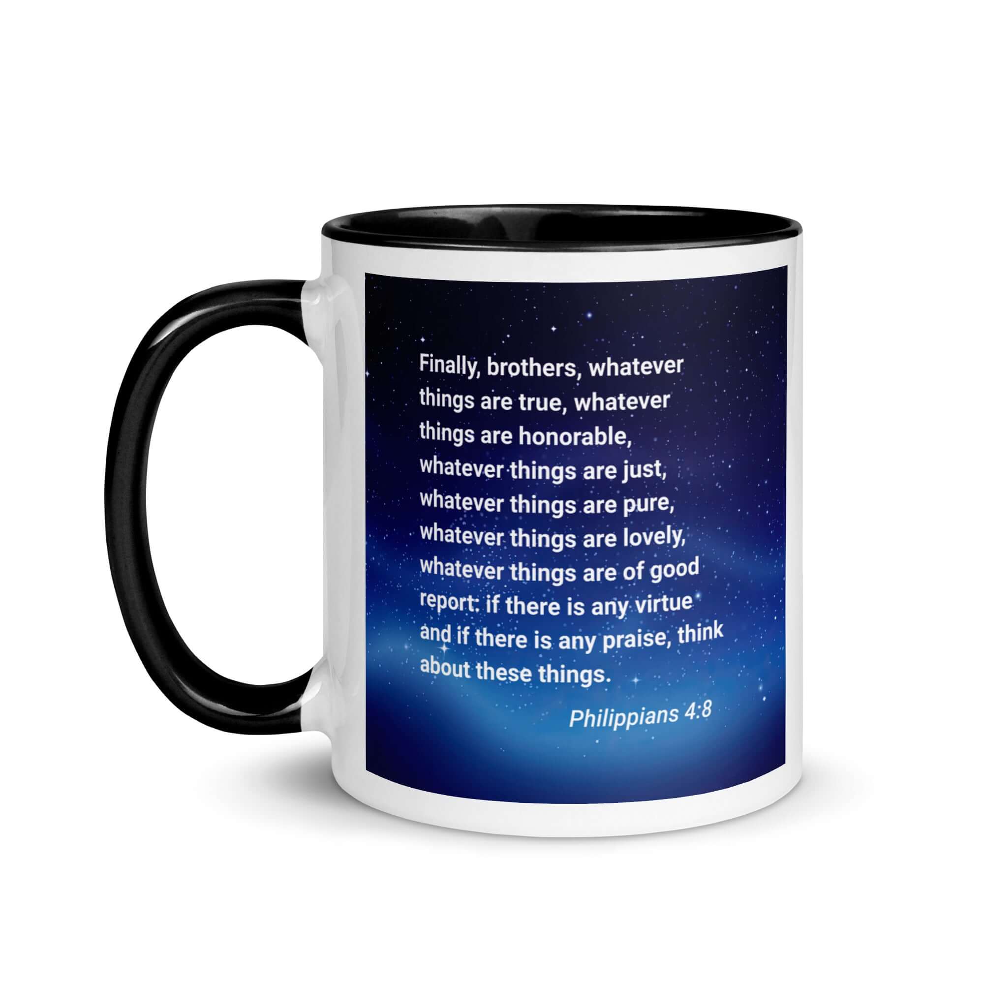 Philippians 4:8 Bible Verse, Think these things White Ceramic Mug with Color Inside