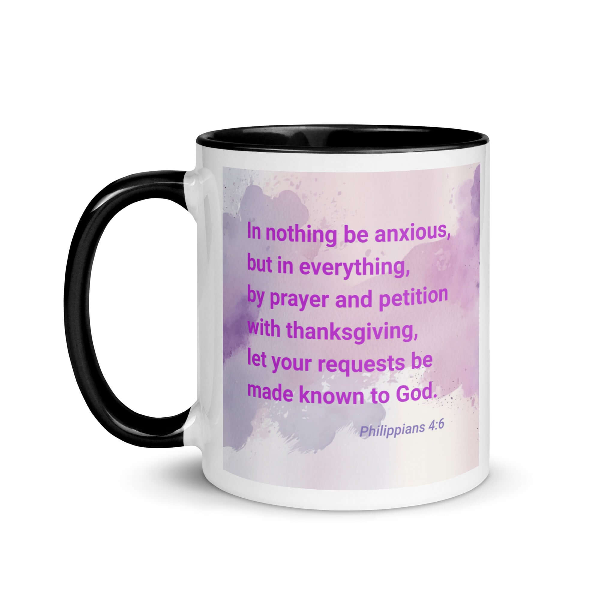 Philippians 4:6 Bible Verse, Prayer and Petition White Ceramic Mug with Color Inside