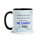 1 Peter 5:7 Bible Verse, casting all your worries on Him White Ceramic Mug with Color Inside