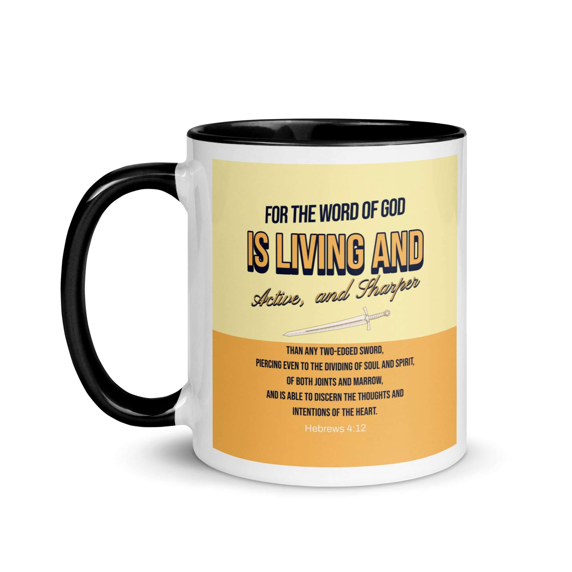 Hebrews 4:12 Bible Verse, living and active White Ceramic Mug with Color Inside