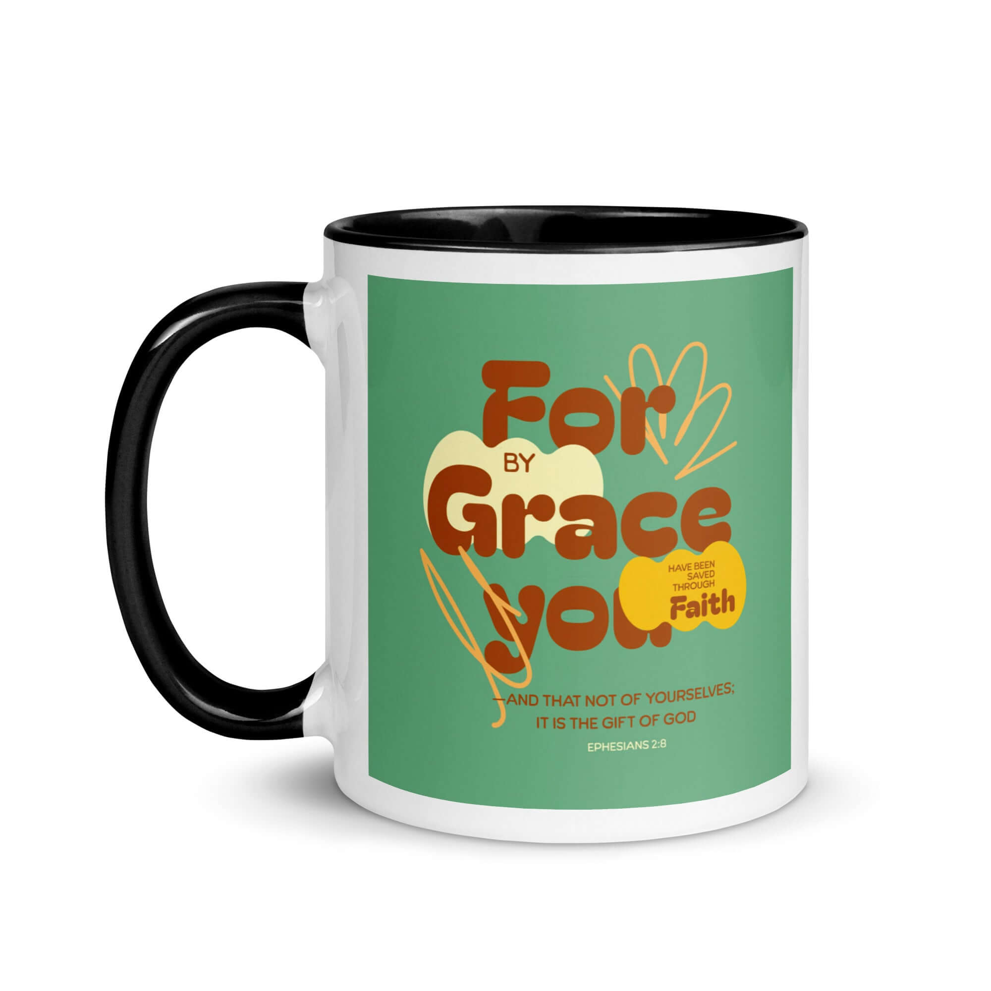 Ephesians 2:8 Bible Verse, for by grace White Ceramic Mug with Color Inside