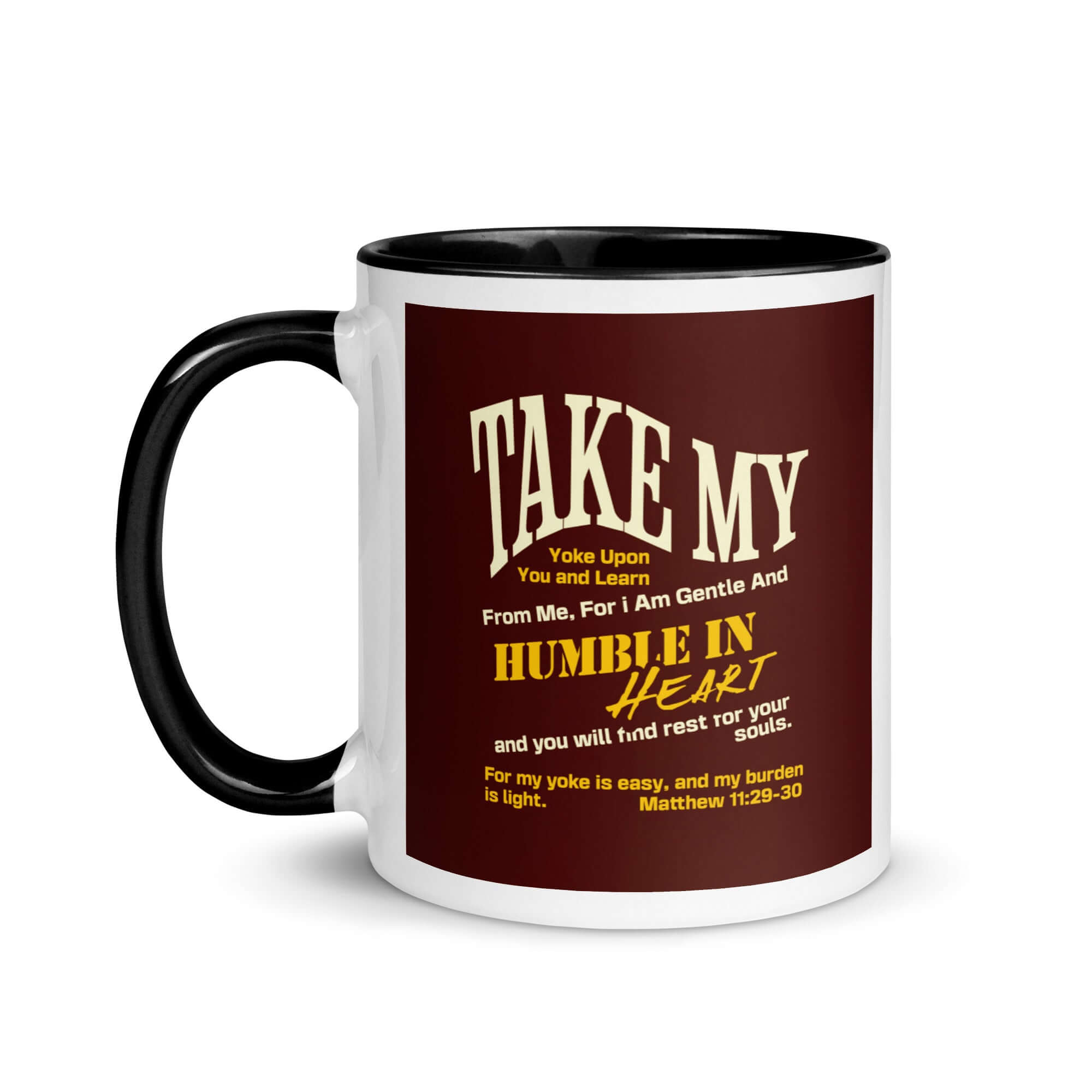 Matthew 11:29-30 Bible Verse, learn from me White Ceramic Mug with Color Inside