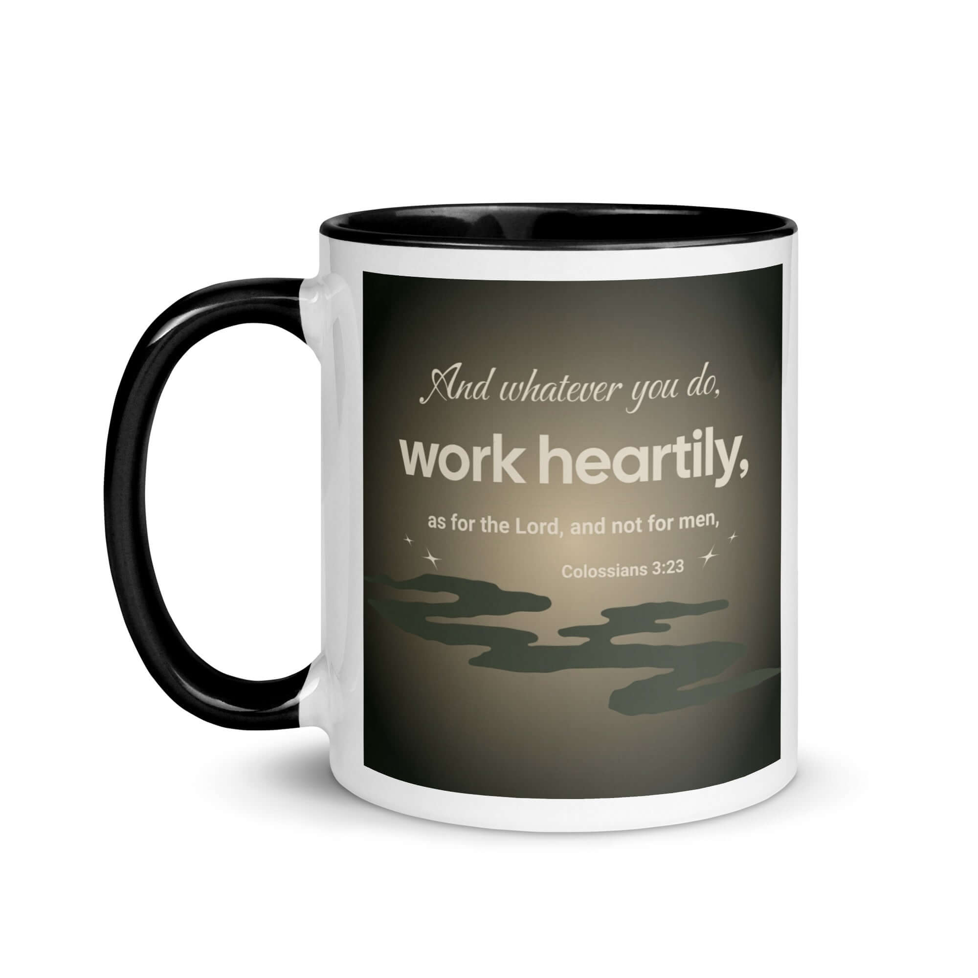 Colossians 3:23 Bible Verse, as for the Lord White Ceramic Mug with Color Inside
